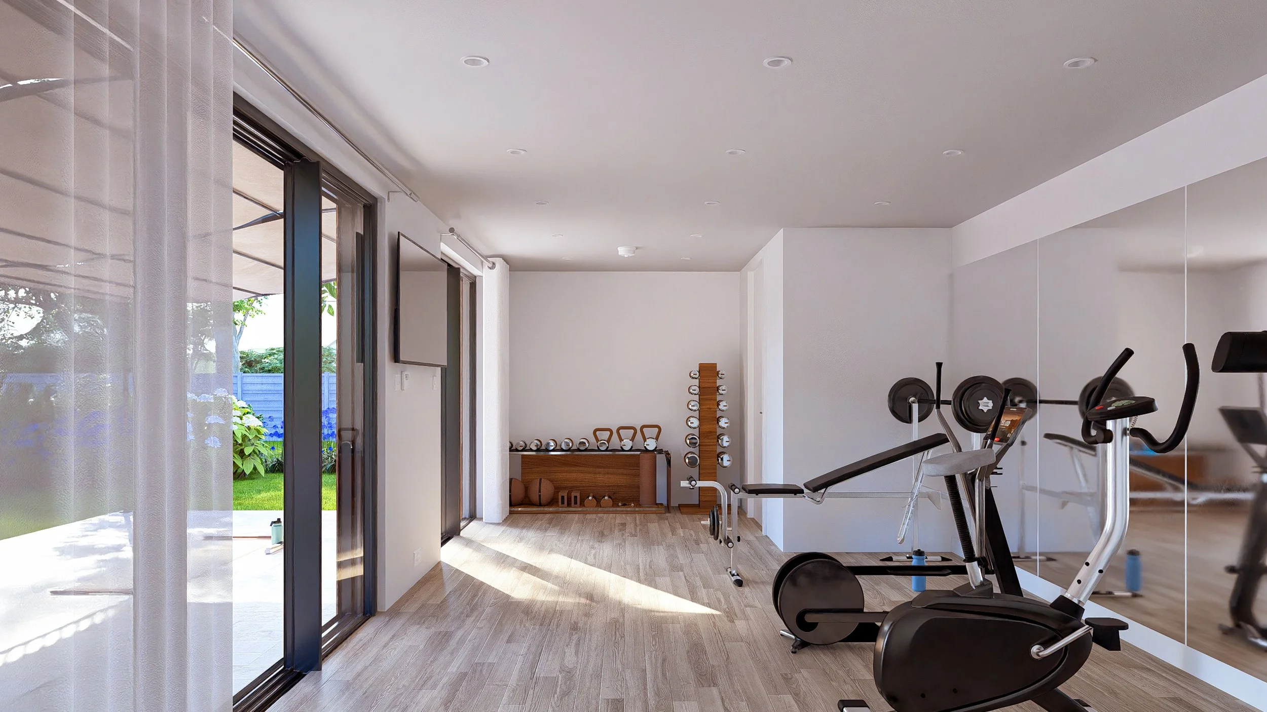 Bauhu hurricane resistant modular hospitality pod Home gym with exercise bike, dumbbells, kettlebells, and weights, near a mirrored wall and sliding glass door leading to a patio with outdoor greenery.