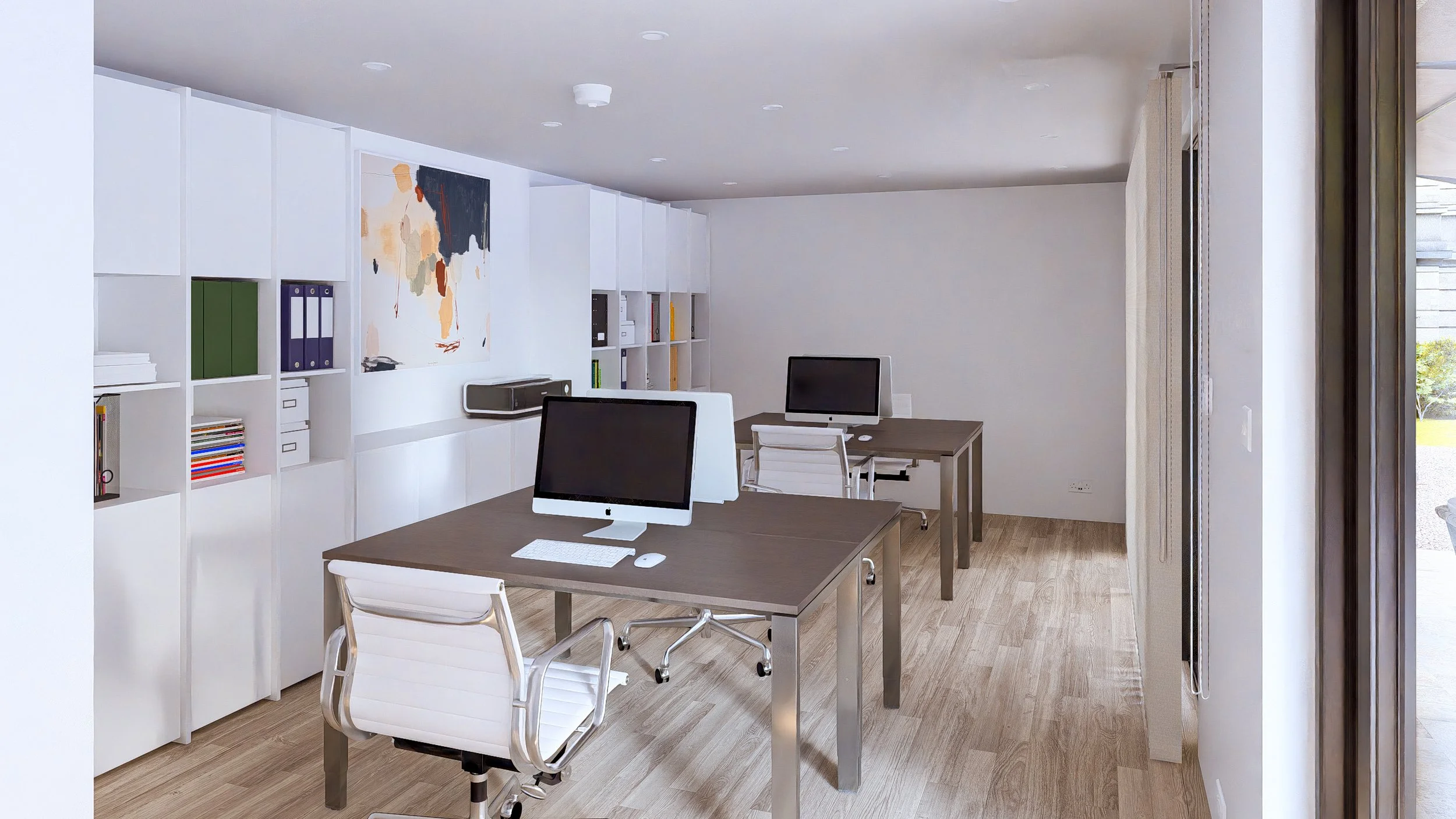Bauhu hurricane resistant modular hospitality pod  office with two desks, white chairs, computers, and a wall shelf with binders and books.