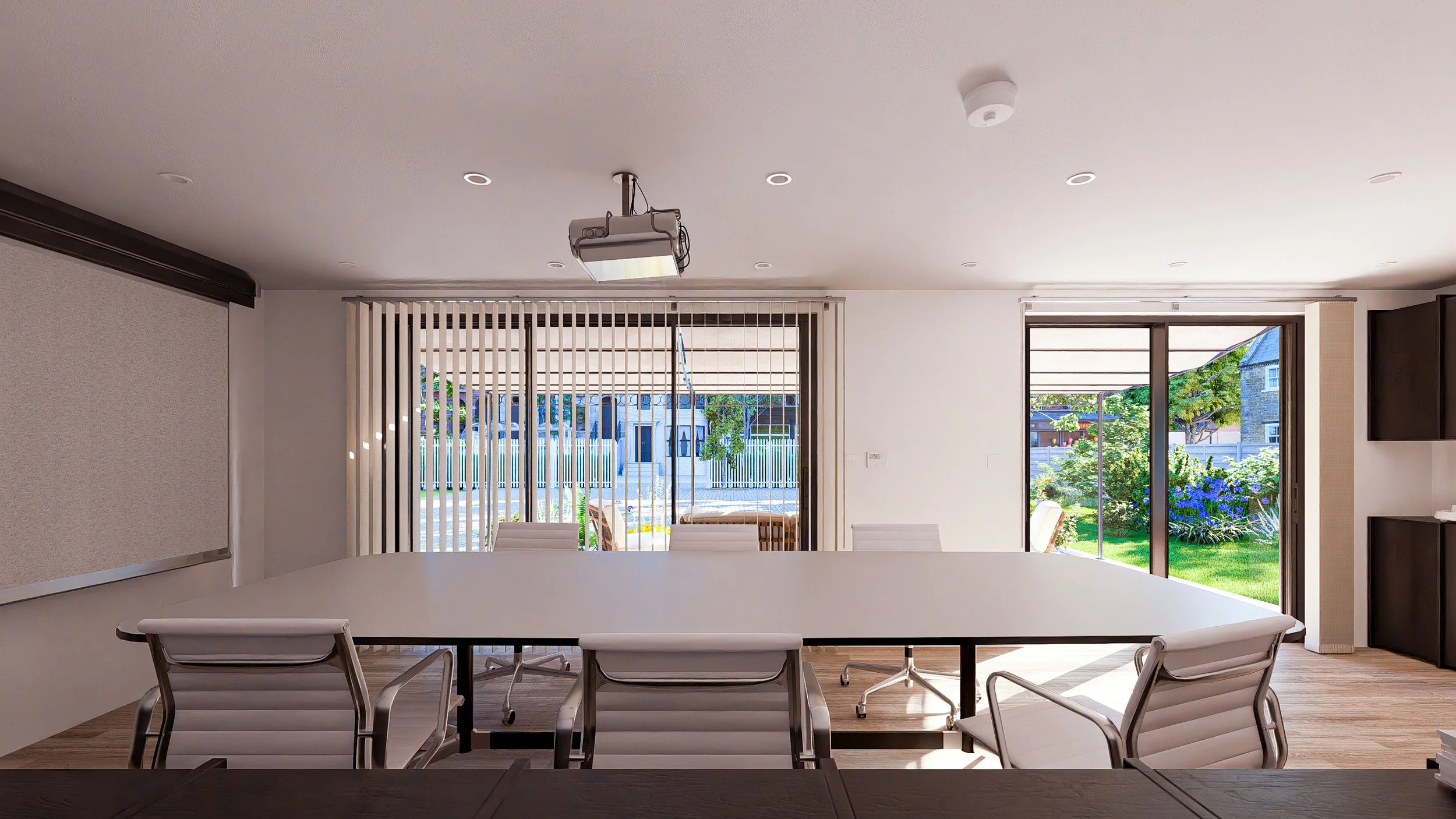 Bauhu hurricane resistant modular hospitality pod  conference room with a large oval table, white chairs around it, large windows with vertical blinds, and a view of a garden outdoor area with trees and flowers.