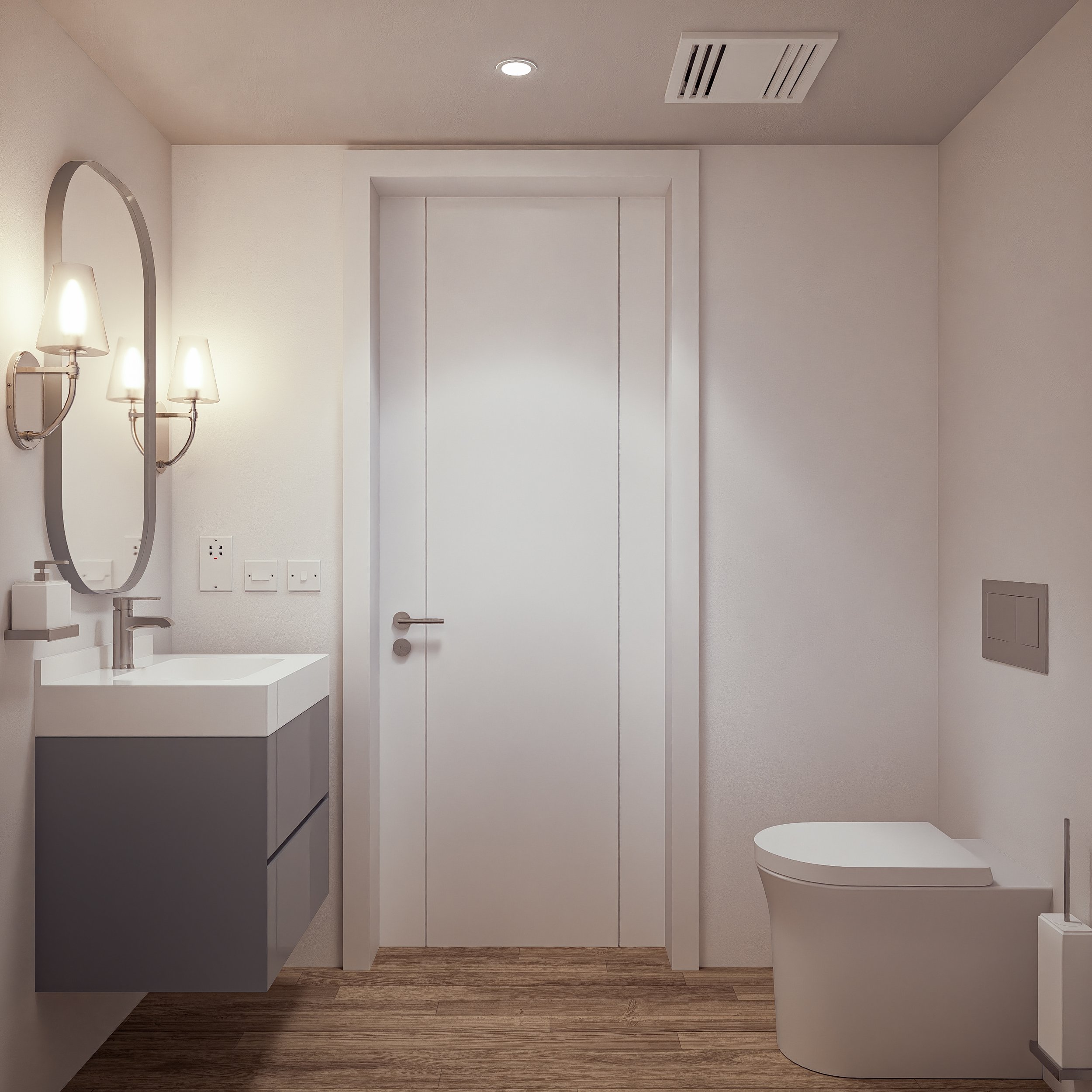 Bauhu hurricane resistant modular hospitality pod Modern bathroom with white walls, wooden floor, white door, wall-mounted sink with gray cabinet, wall mirror, wall-mounted light fixtures, toilet, and ceiling vent.