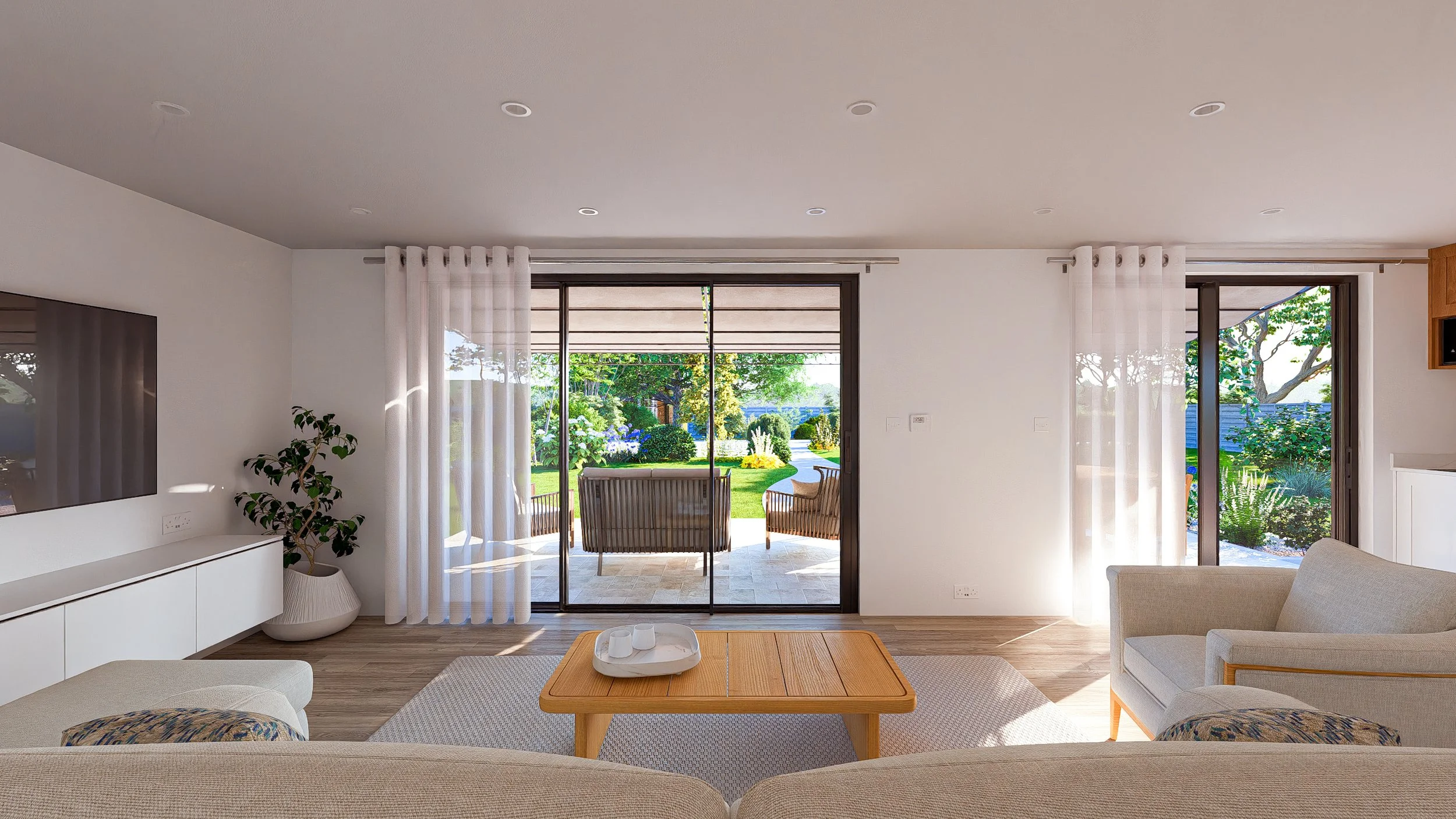 Bauhu hurricane resistant modular hospitality pod Living room with large sliding glass doors leading to a patio and garden, with white curtains, a beige sofa and armchair, a wooden coffee table, a flat-screen TV on the wall, and a potted plant.