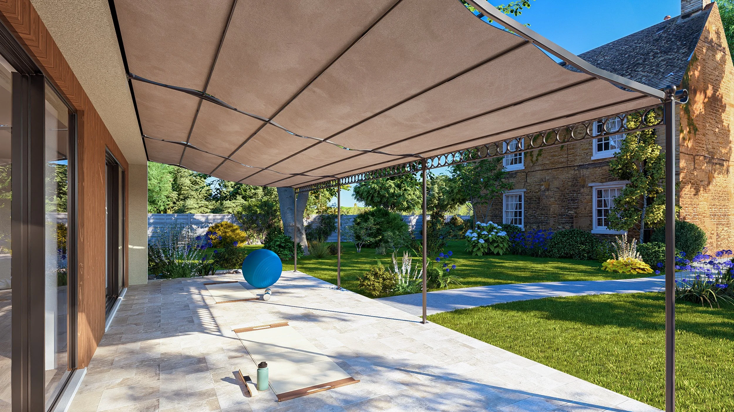 Bauhu hurricane resistant modular hospitality pod with a beige retractable awning, a blue exercise ball, a drink bottle on a mat, and a lush green garden with trees and flowering plants.