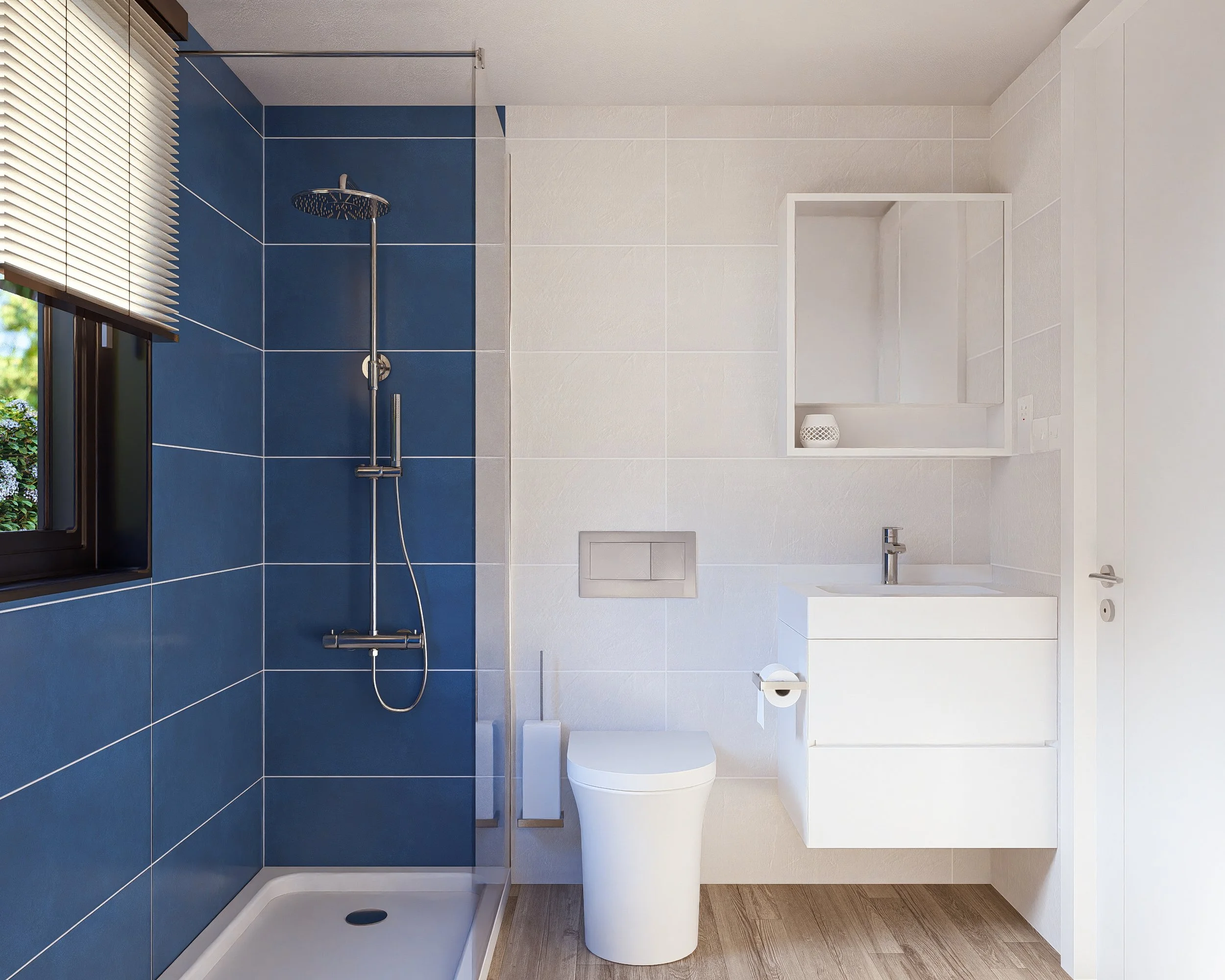 Bauhu hurricane resistant modular hospitality pod  modern bathroom with a walk-in shower enclosed by blue tiled walls, a small window with blinds, a white toilet, a white sink vanity, and white wall-mounted shelving. The floor is wood-look.