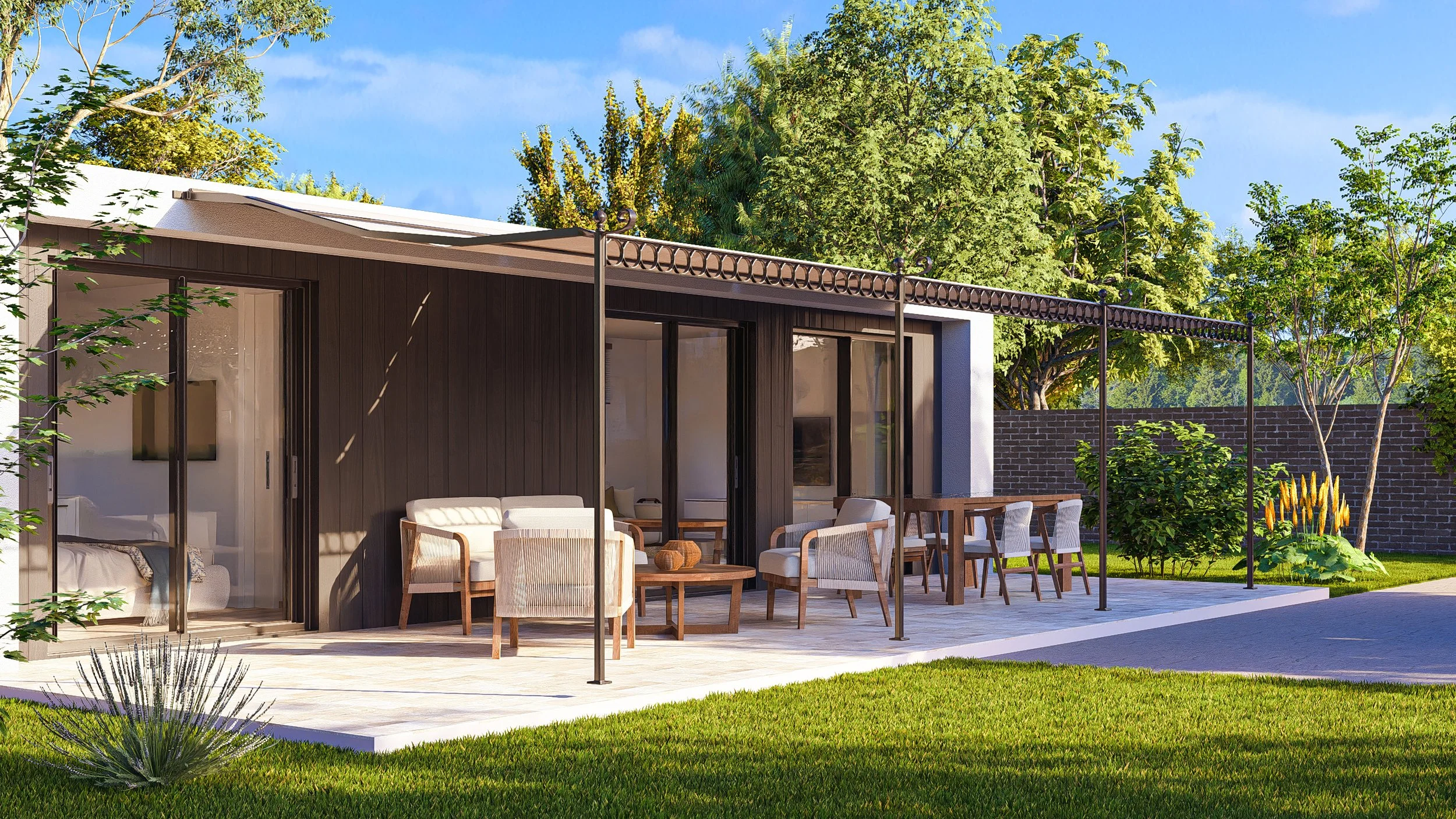 Bauhu hurricane resistant modular hospitality pod  with an outdoor patio area featuring seating and greenery, surrounded by trees, under a blue sky.