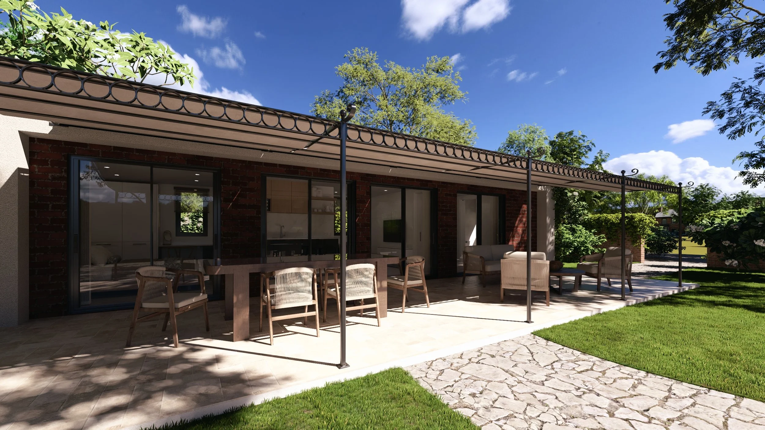 Backyard Bauhu hurricane resistant modular hospitality pod patio with outdoor seating, a table, and a canopy, surrounded by green grass, trees, and a partly cloudy blue sky.