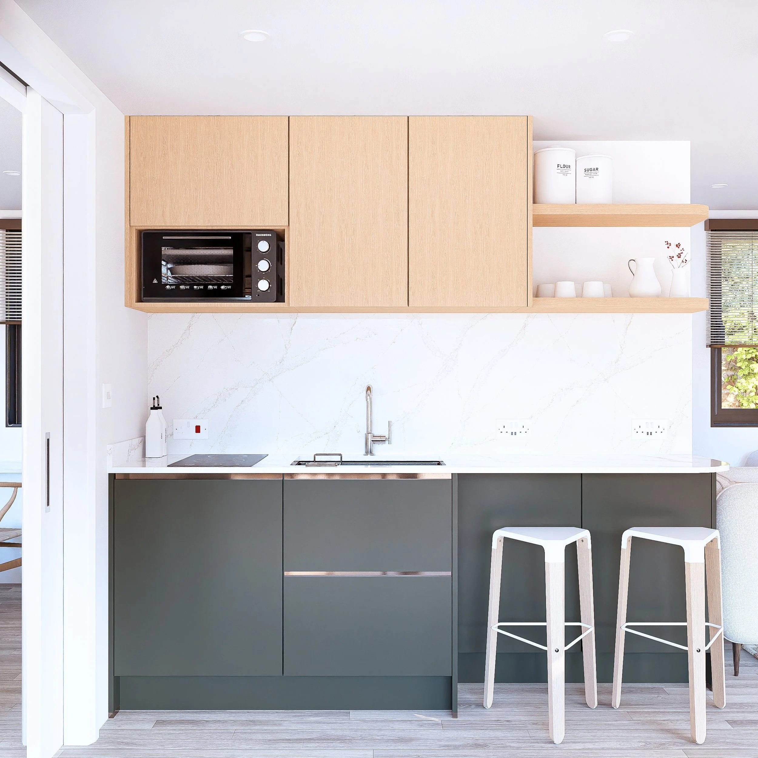 Modern Bauhu hurricane resistant modular hospitalkitchen with light wood upper cabinets, dark lower cabinets, a white marble backsplash, a built-in microwave, a stovetop, a sink, two white barstools, and open shelves with white containers and dishes.