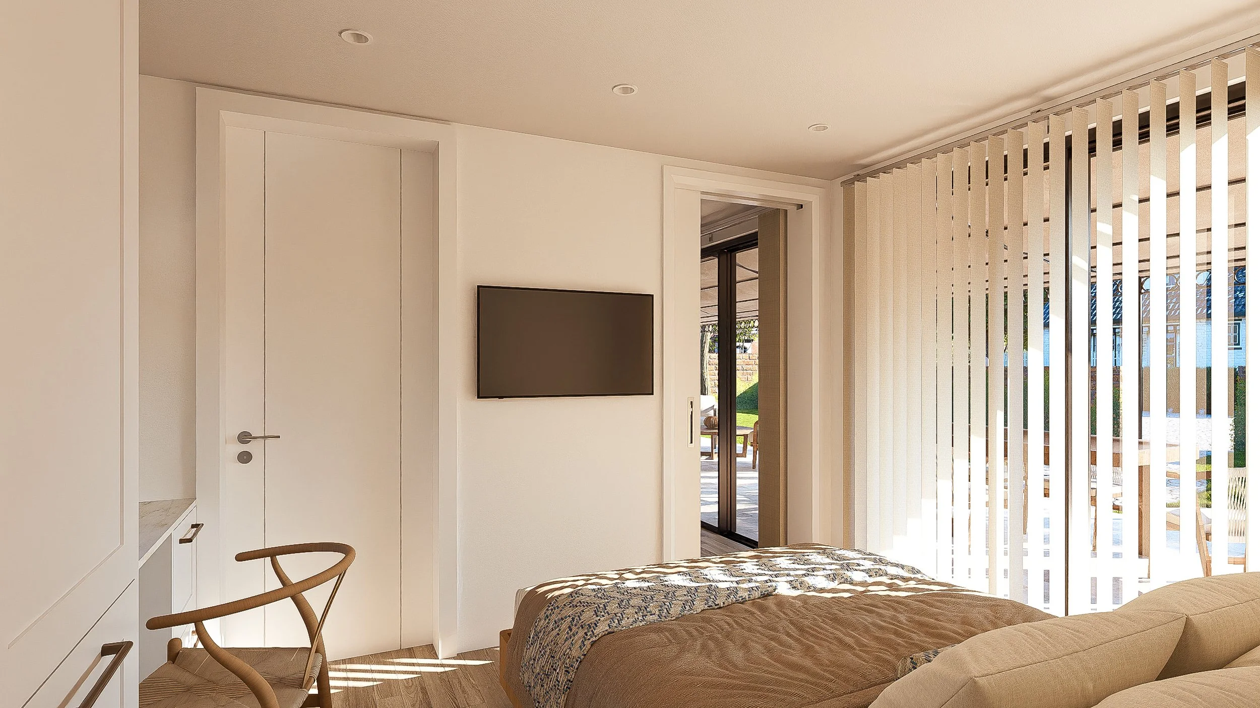 Bauhu hurricane resistant modular hospitality pod Modern bedroom with a bed, chair, TV on the wall, and sliding glass doors with vertical blinds leading to outdoor patio.