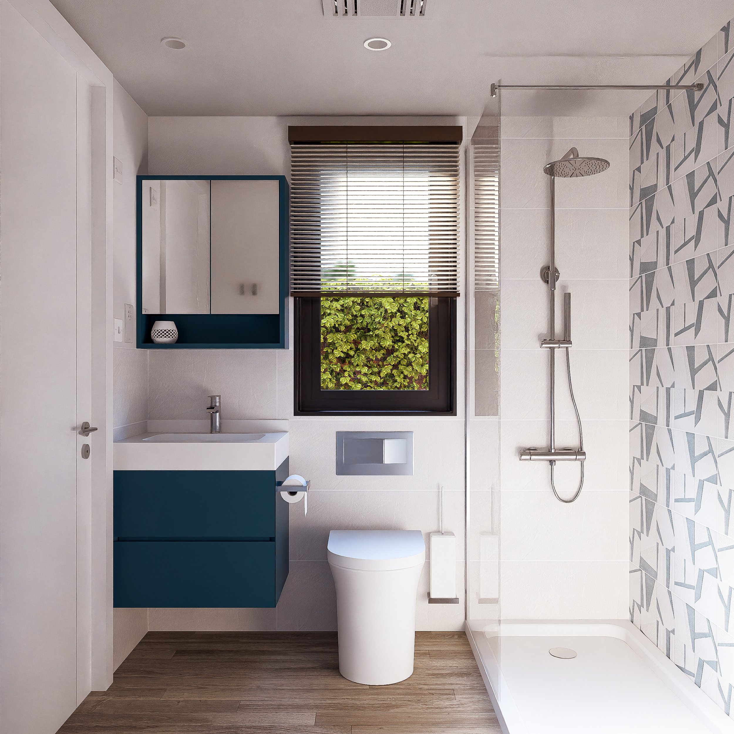 Bauhu hurricane resistant modular hospitality pod Modern bathroom with blue and white vanity, a window with blinds showing greenery outside, and a walk-in shower with patterned tiles.