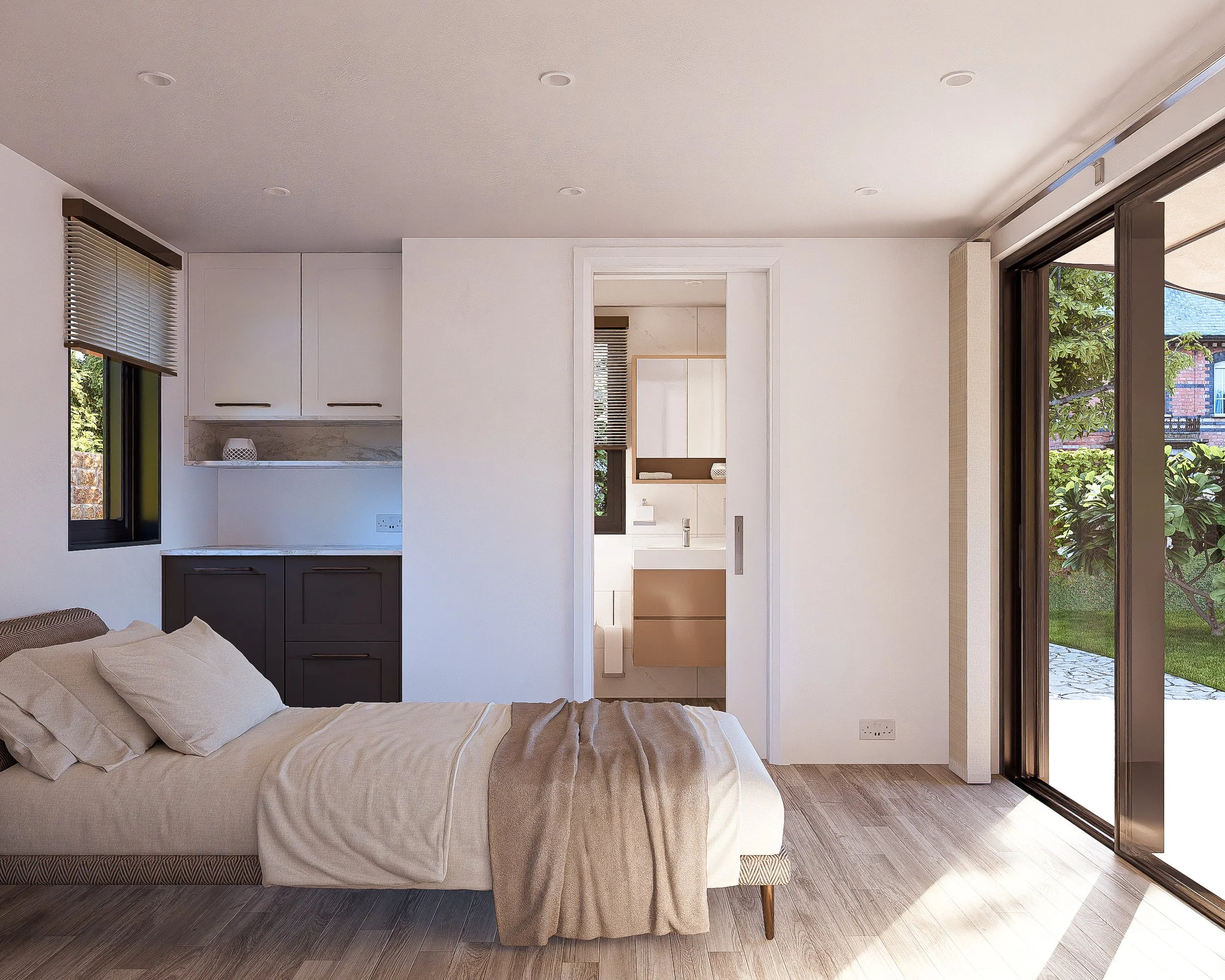 A Bauhu hurricane resistant modular hospitality pod bedroom with beige bedding and pillows, a window with blinds, a sliding door leading to a garden, and an en suite bathroom visible through a doorway.
