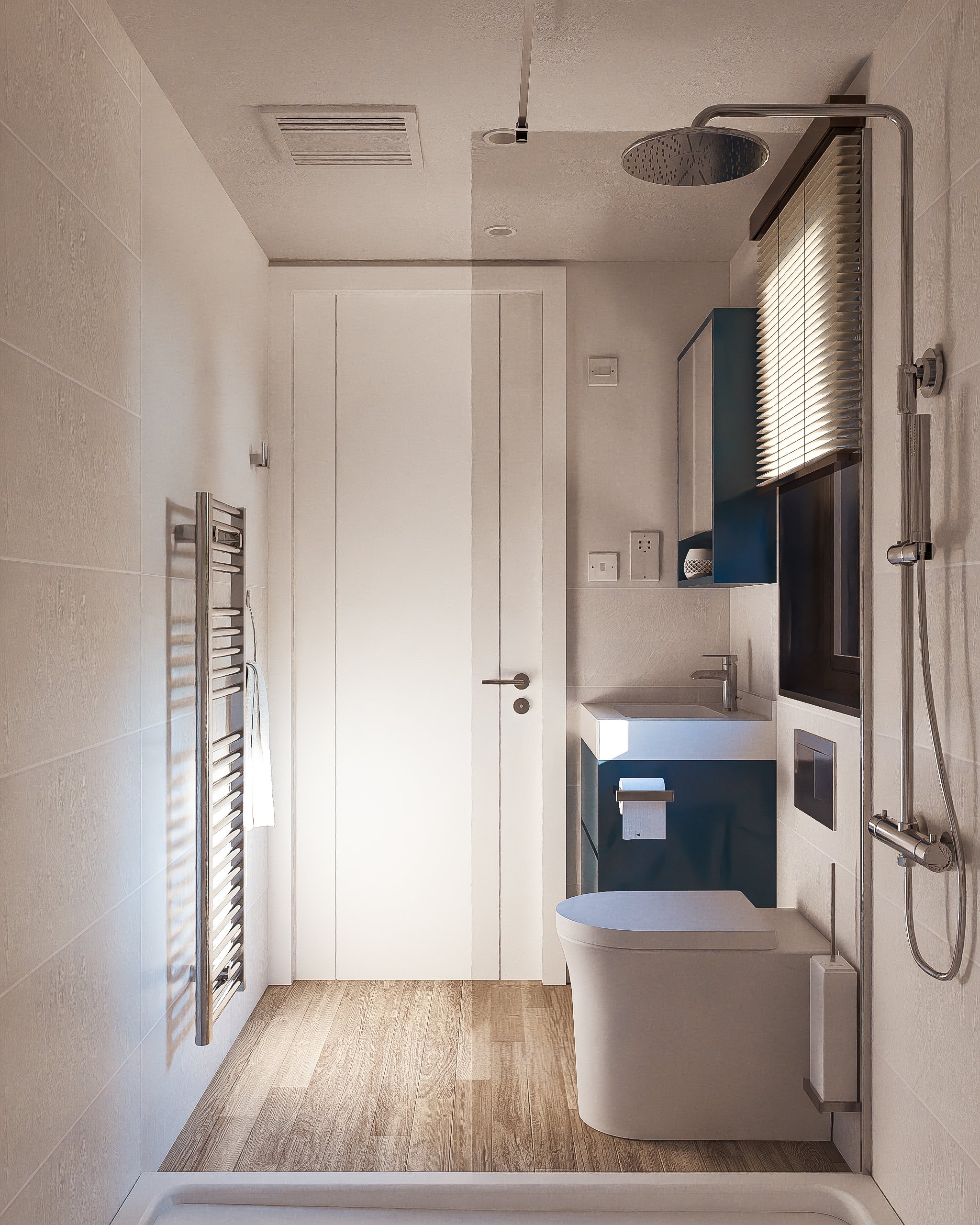 Bauhu hurricane resistant modular hospitality pod  bathroom with a walk-in shower, white toilet, blue vanity, small sink, wall-mounted faucet, and a towel on a wall-mounted radiator.