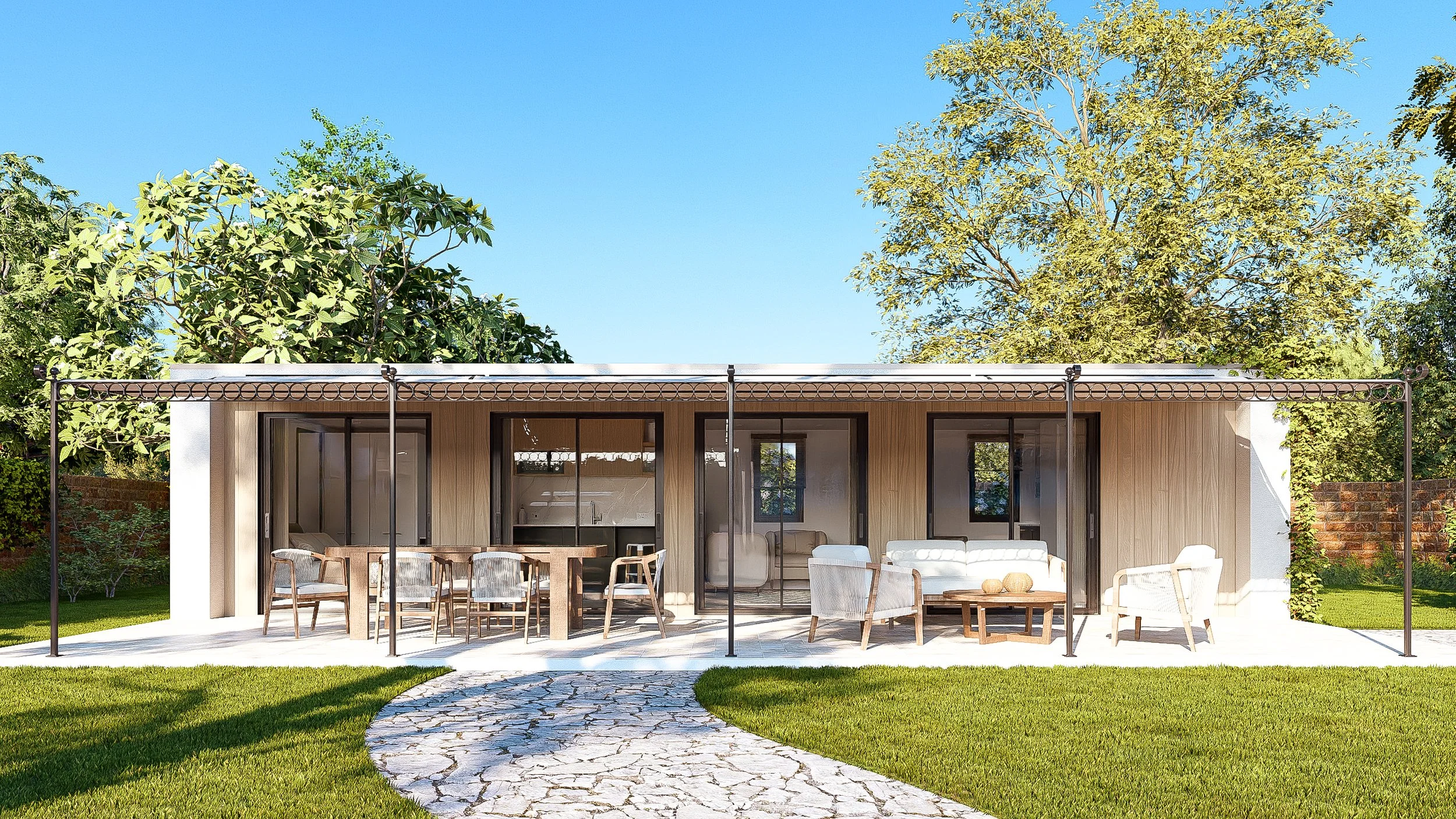 Bauhu hurricane resistant modular hospitality pod  single-story house with a patio, outdoor furniture, and a garden, under a clear blue sky.