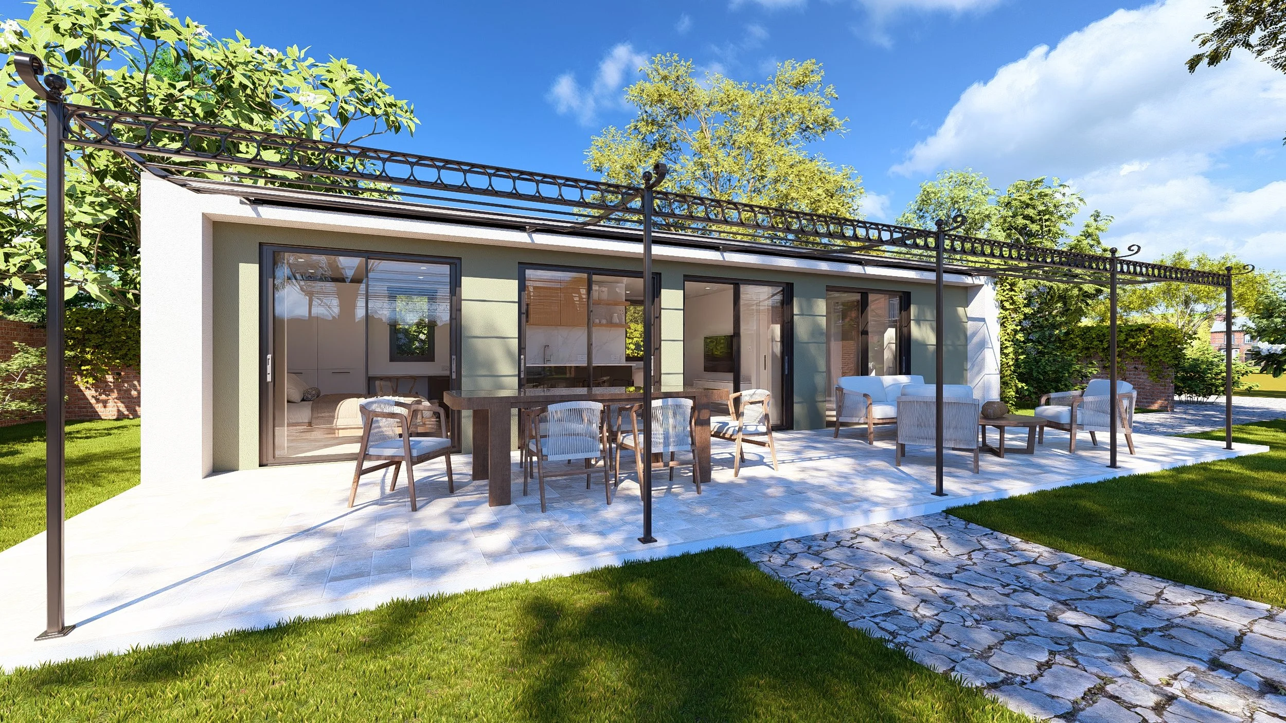A modern house with large glass sliding doors opens to a spacious outdoor patio area with outdoor furniture, including several chairs and a table, under a decorative metal pergola. The patio has a tiled floor and is surrounded by a well-maintained gr