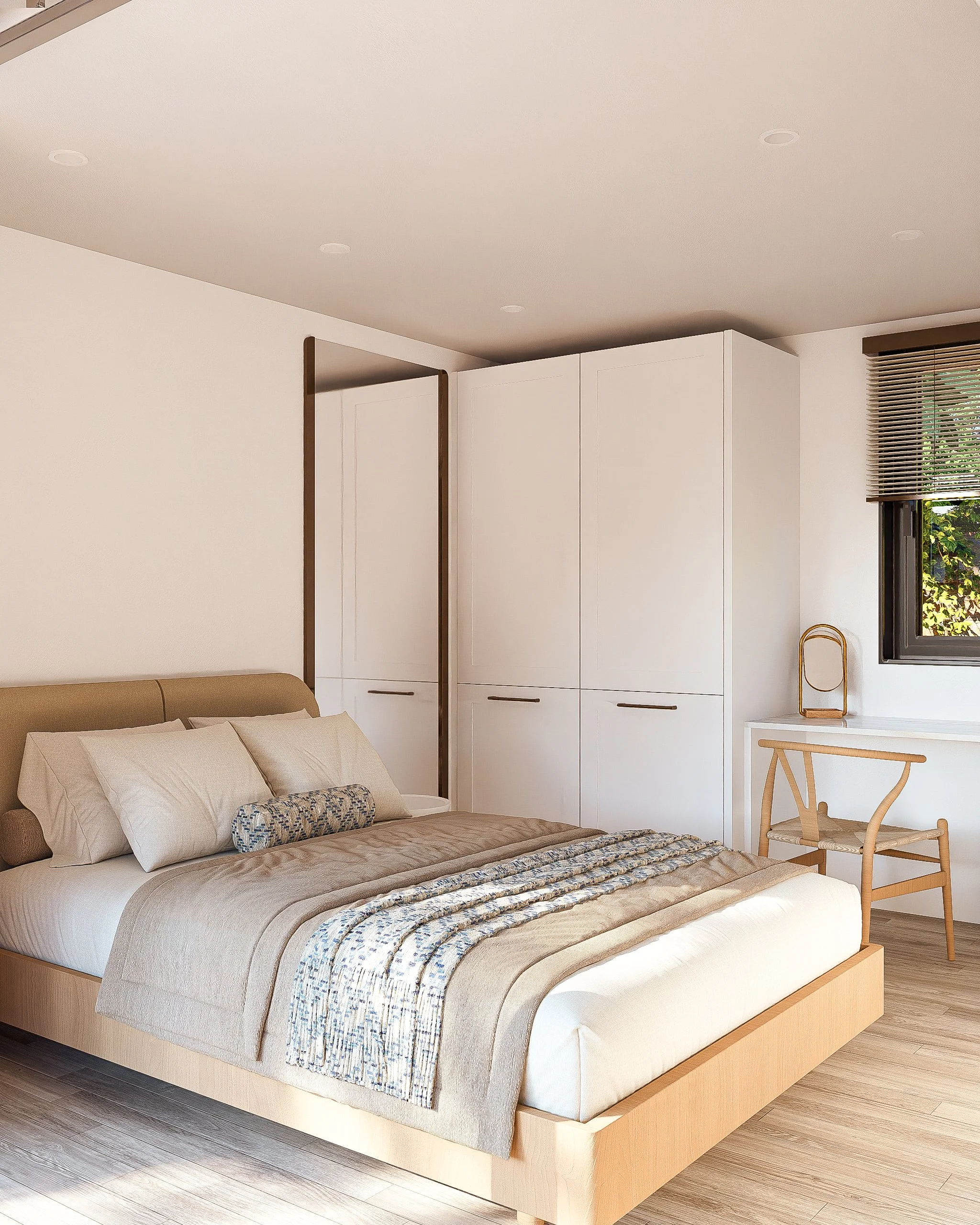 Modern Bauhu hurricane resistant modular hospitality pod bedroom with beige and white decor, wooden bed frame, and natural lighting through window with blinds.