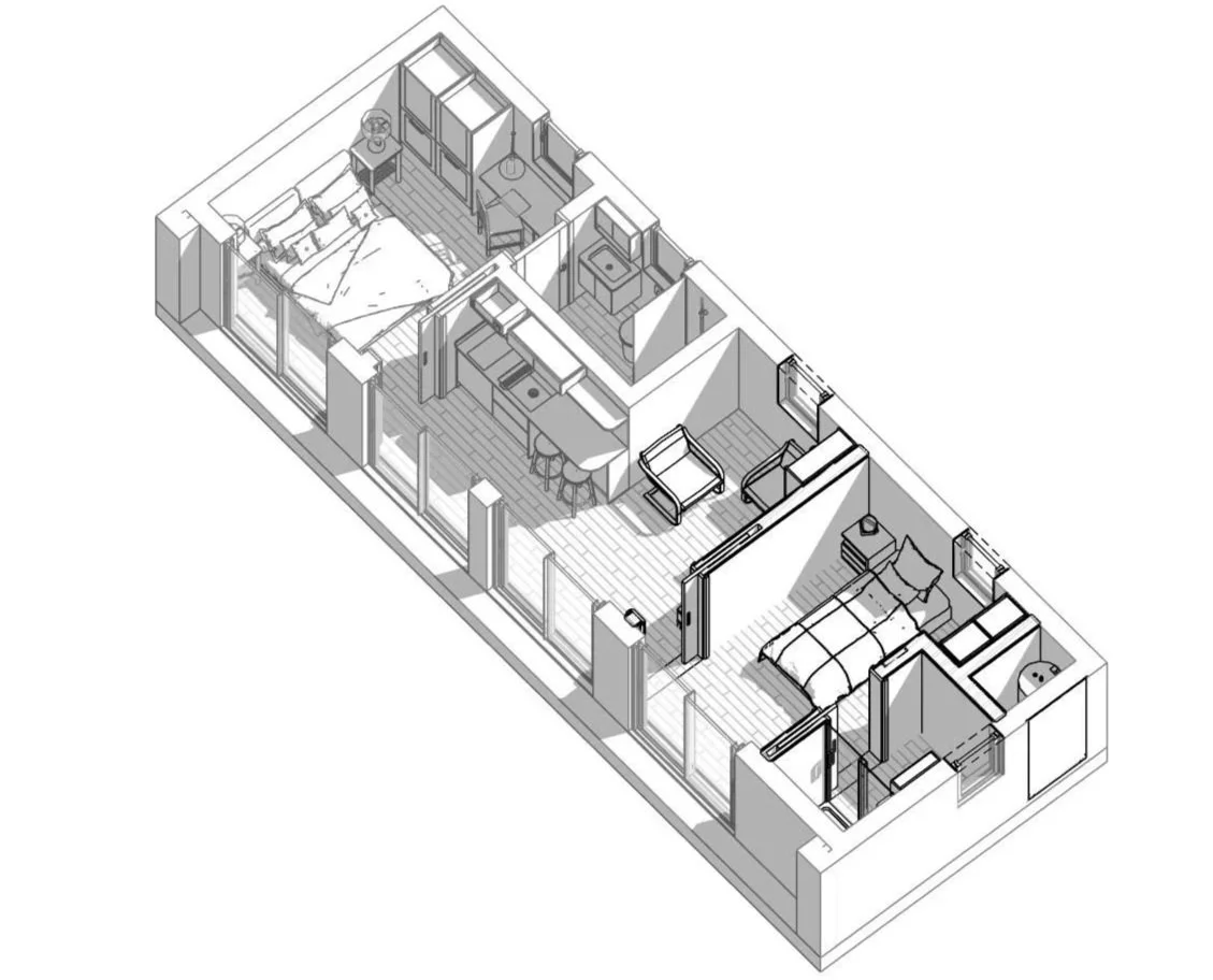 3D floor plan of an Bauhu hurricane resistant modular home apartment with two bedrooms, a bathroom, kitchen, living room, and balcony.