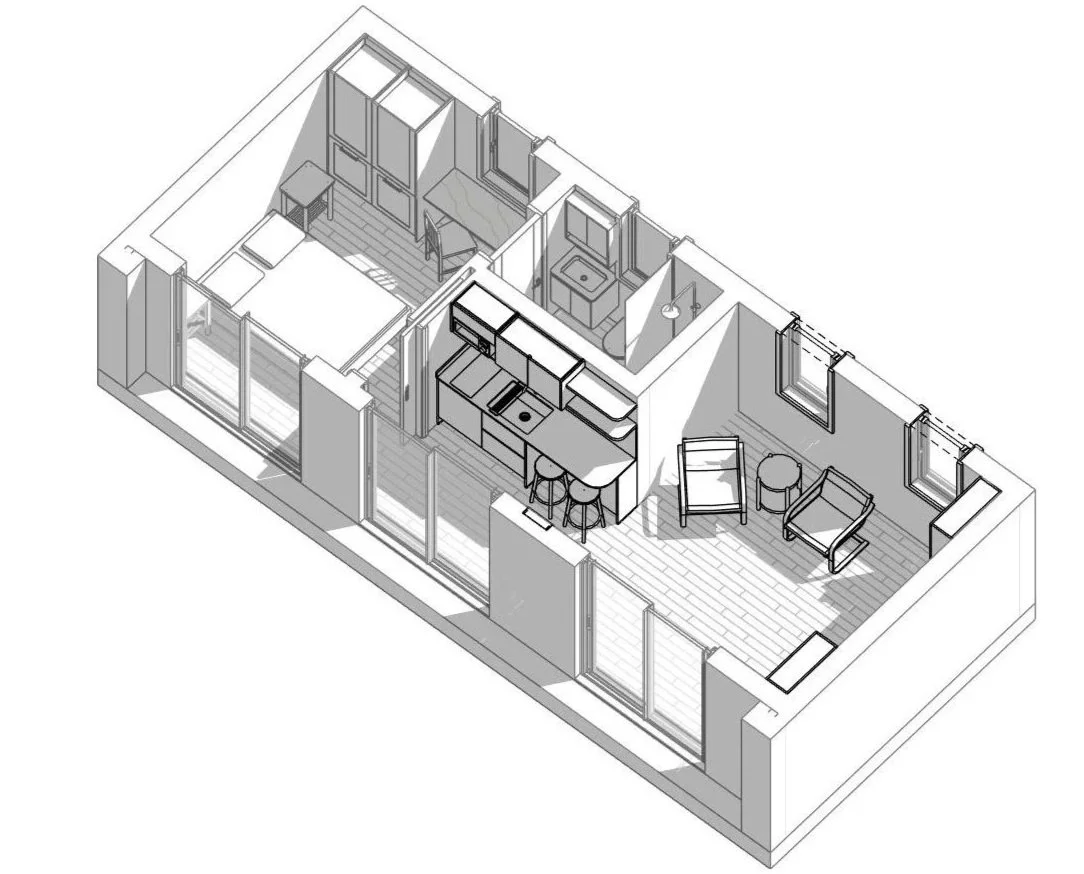 A 3D floor plan rendering of a Bauhu hurricane resistant modular home apartment showing a bedroom, bathroom, kitchen area, and living room with furniture and sliding glass doors.