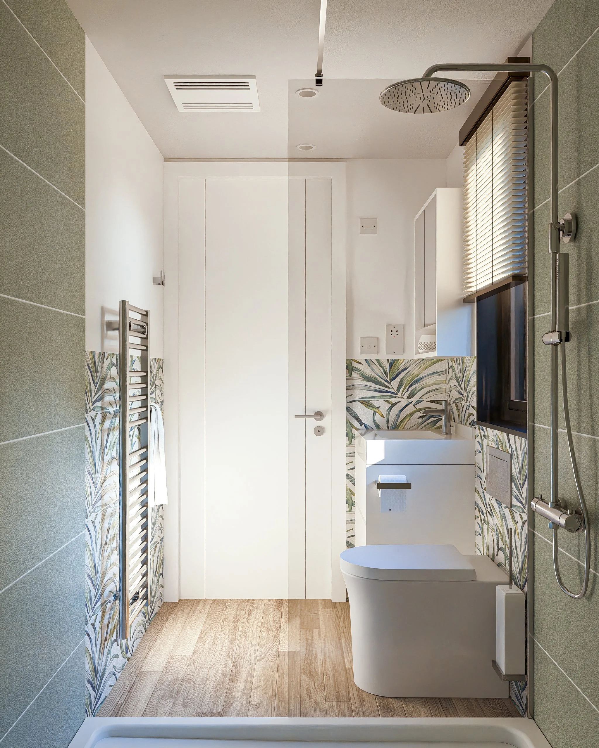 Modern bathroom with white ceramic toilet, a small sink with a patterned backsplash, a wall-mounted shower with a rainfall showerhead, a window with blinds, and light-colored wood flooring.