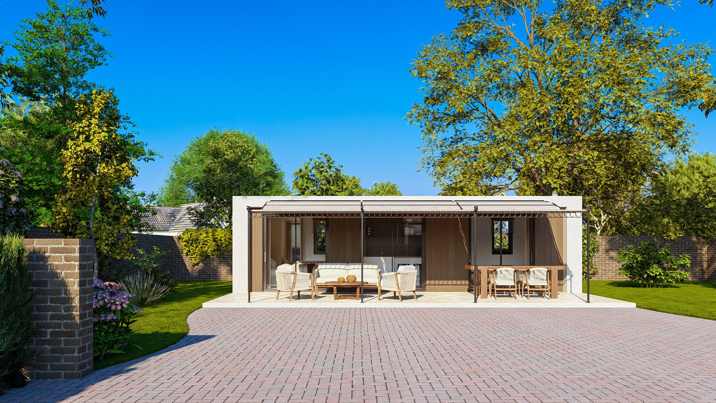 A Bauhu hurricane resistant modular hospitality pod modern patio with outdoor seating and dining areas, surrounded by green trees and a brick wall, under a clear blue sky.