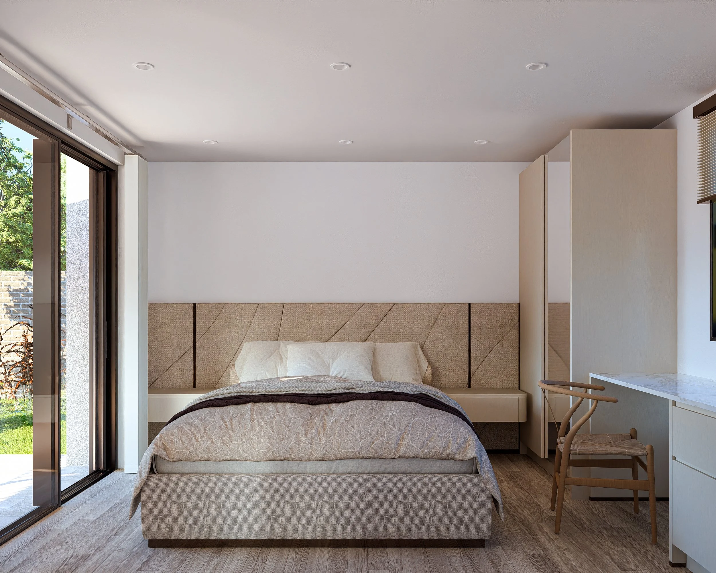 Modern Bauhu hurricane resistant modular hospitality pod bedroom with a bed, nightstand, and sliding glass door leading to an outdoor area.