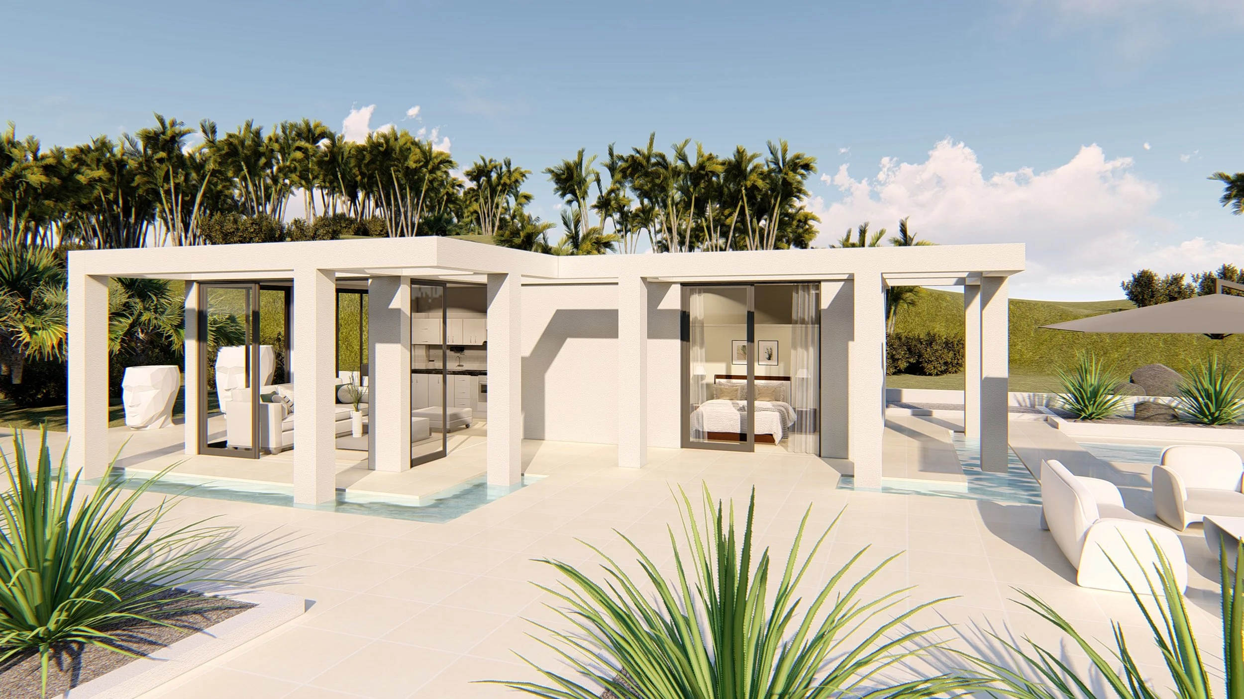 Bauhu hurricane resistant modular home white house with glass sliding doors, outdoor seating, lush green desert plants, and a pool under a blue sky.