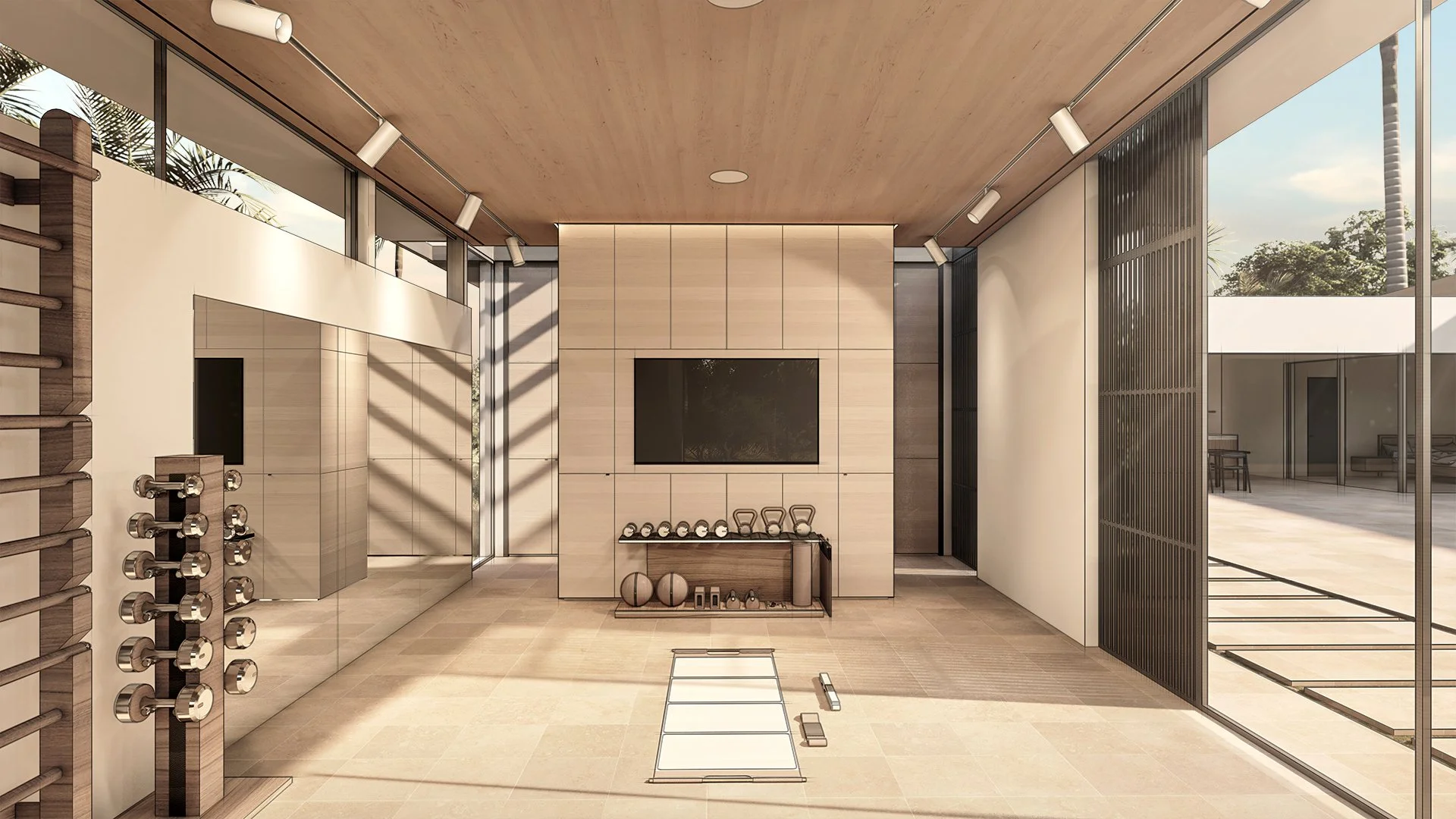 Modern modular, hurricane resistant steel frame Bauhu home gym with wooden ceiling, large windows, wall-mounted TV, dumbbells, kettlebells, and exercise mats.