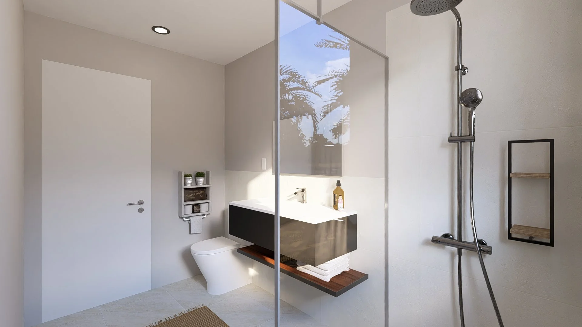 Modern modular, hurricane resistant steel frame Bauhu bathroom with walk-in shower, floating vanity with towels, toilet, and wall-mounted shelves, bright and minimalistic decor.