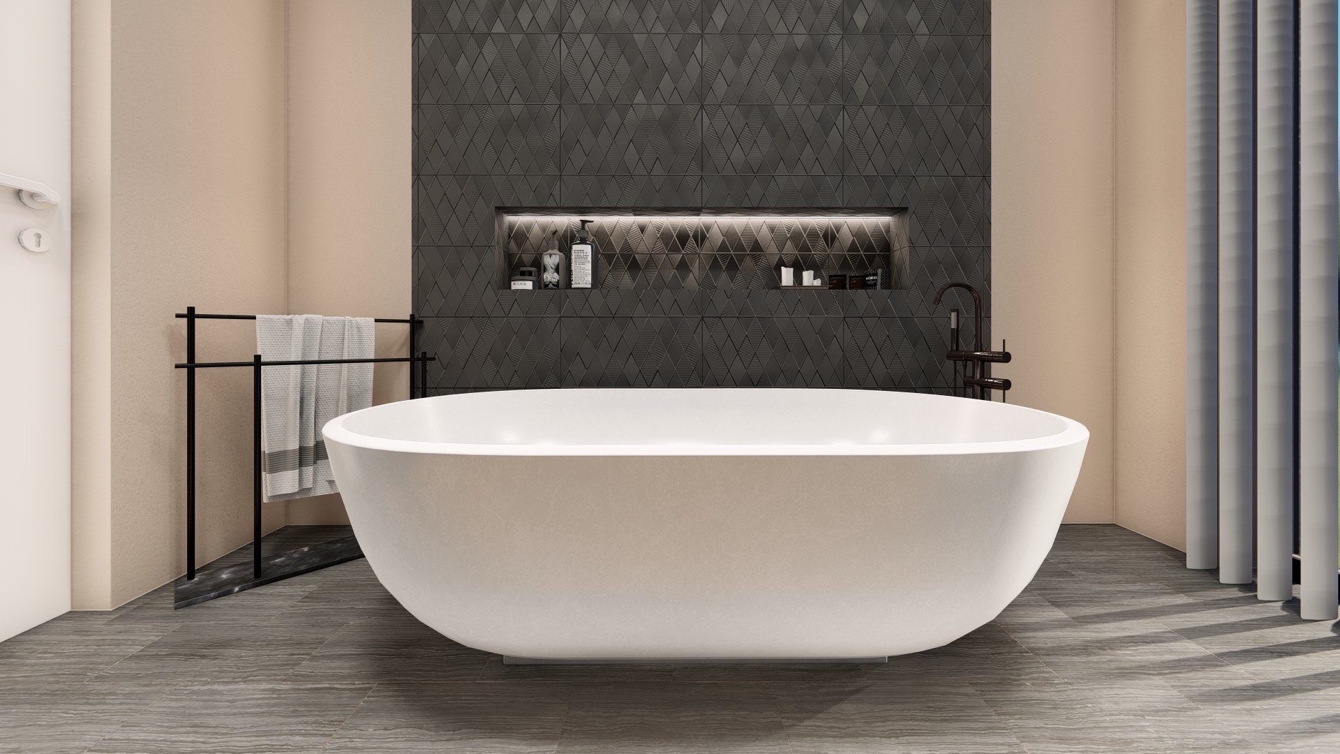 Modern modular, hurricane resistant steel frame Bauhu bathroom with a white freestanding bathtub, dark textured accent wall with a built-in shelf, towel rack, and floor-to-ceiling window with vertical blinds.