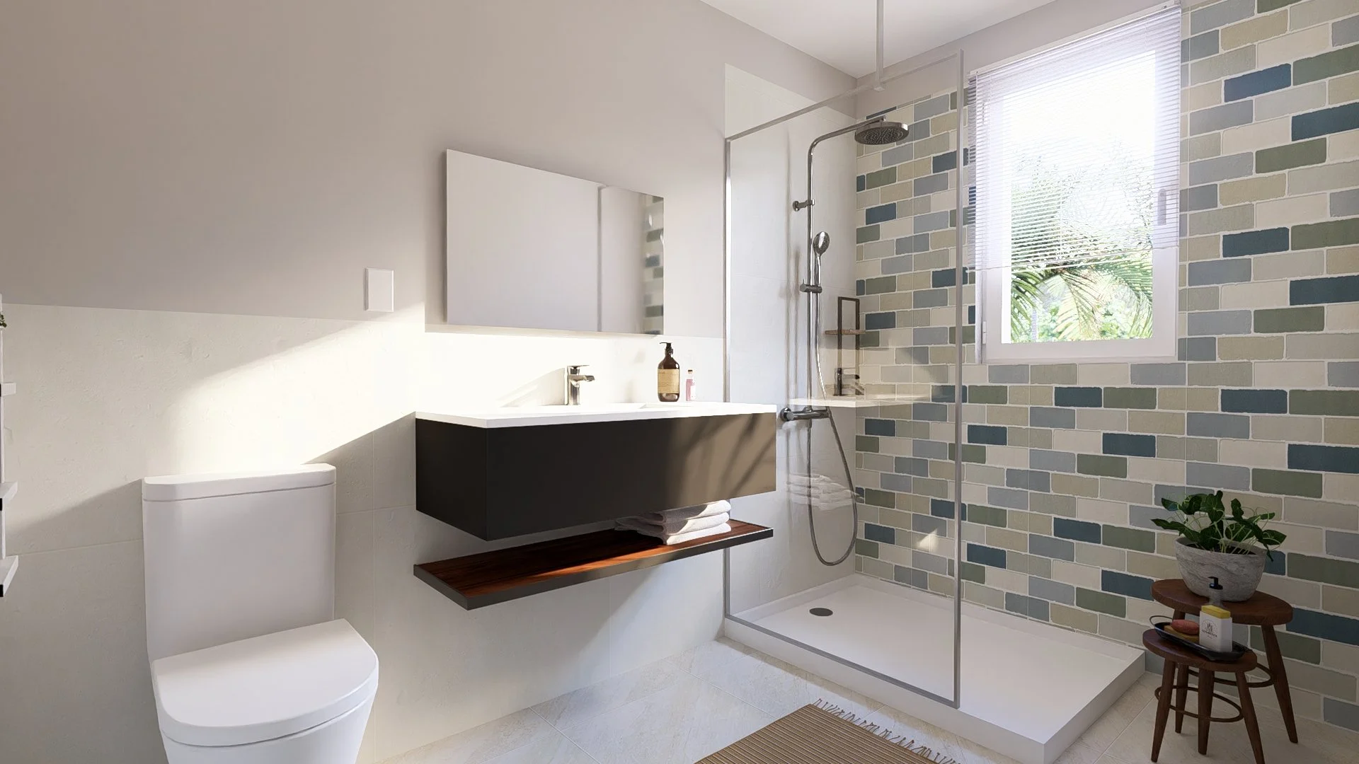 Modern modular, hurricane resistant sbathroom with a toilet, a wall-mounted sink with a mirror, and a walk-in shower with a glass door, patterned tile wall, and a window with blinds, decorated with a small stool holding a plant and skincare products.