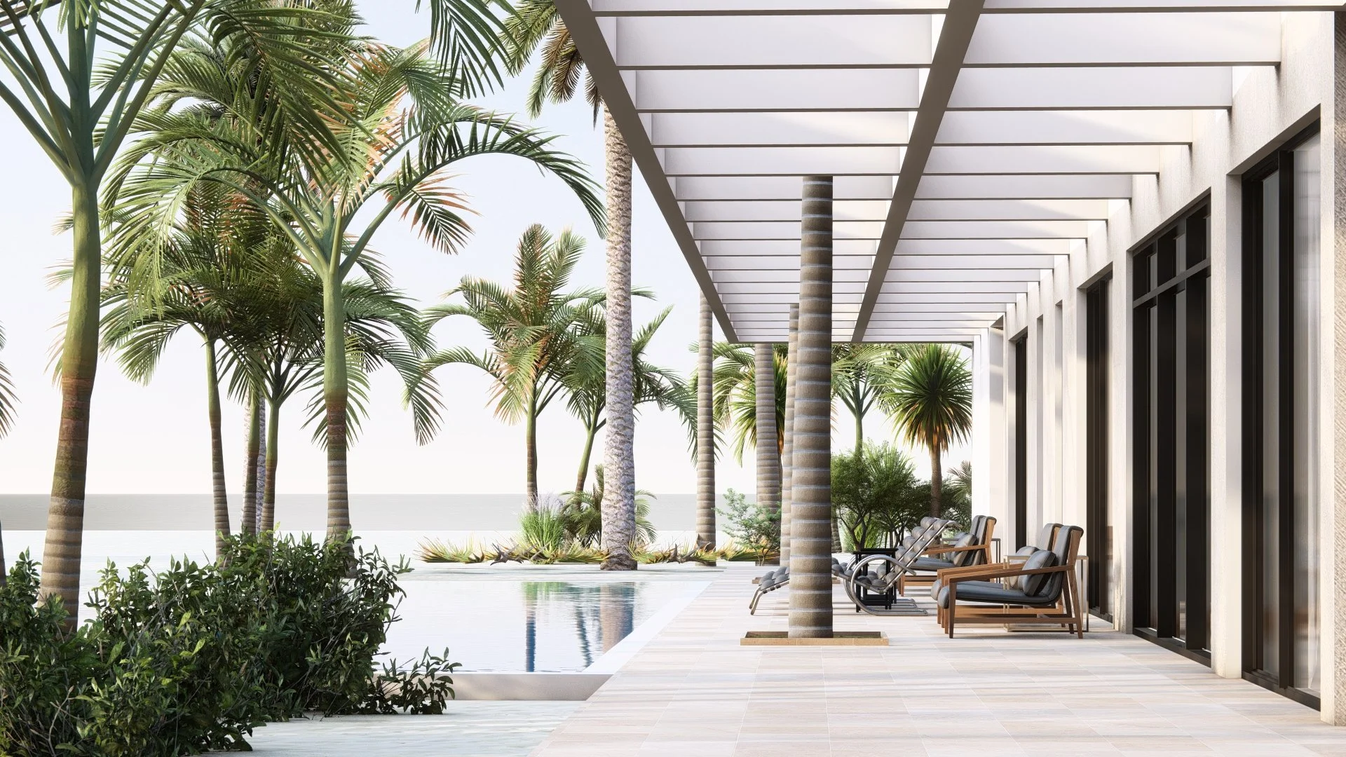 Modern modular, hurricane resistant steel frame Bauhu outdoor patio with pool, palm trees, and lounge chairs under a white pergola.