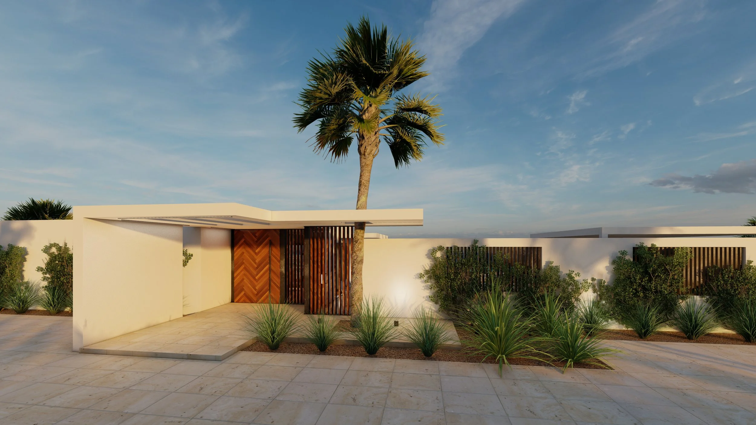 Modern modular, hurricane resistant steel frame Bauhu house entrance with white walls, wooden door, palm tree, and desert landscaping under a blue sky.