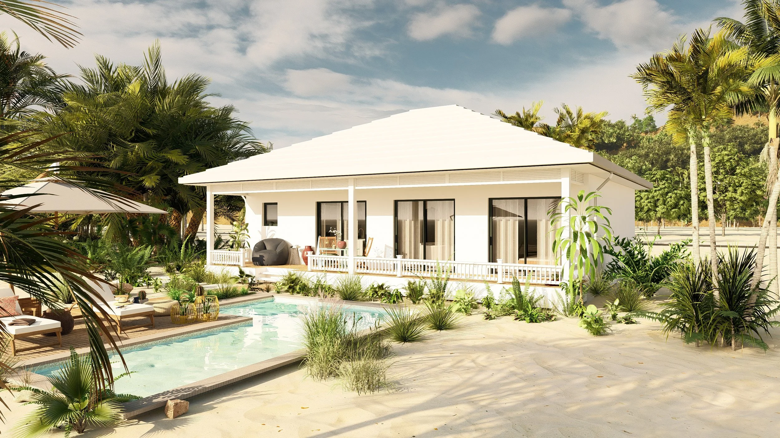 A modern modular, hurricane resistant steel frame Bauhu white house with large sliding glass doors, surrounded by tropical plants, with a swimming pool and lounge chairs in the sandy yard.