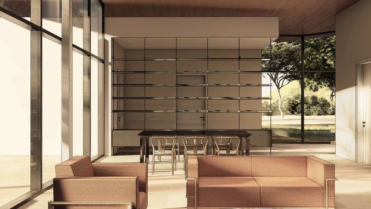 Modern interior space with floor-to-ceiling glass windows, beige sofas, a black table, transparent chairs, and a large shelving unit against the wall, with a view of trees outside.