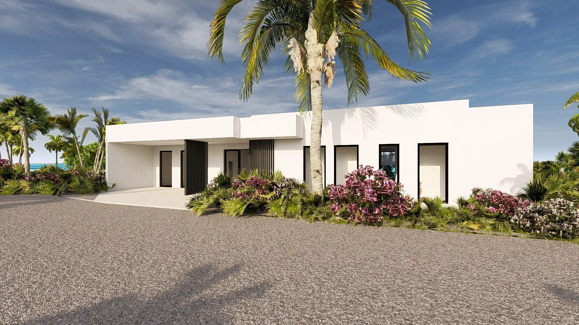 Modern modular, hurricane resistant steel frame Bauhu white single-story house with black framed windows, surrounded by tropical plants and palm trees, under a blue sky.