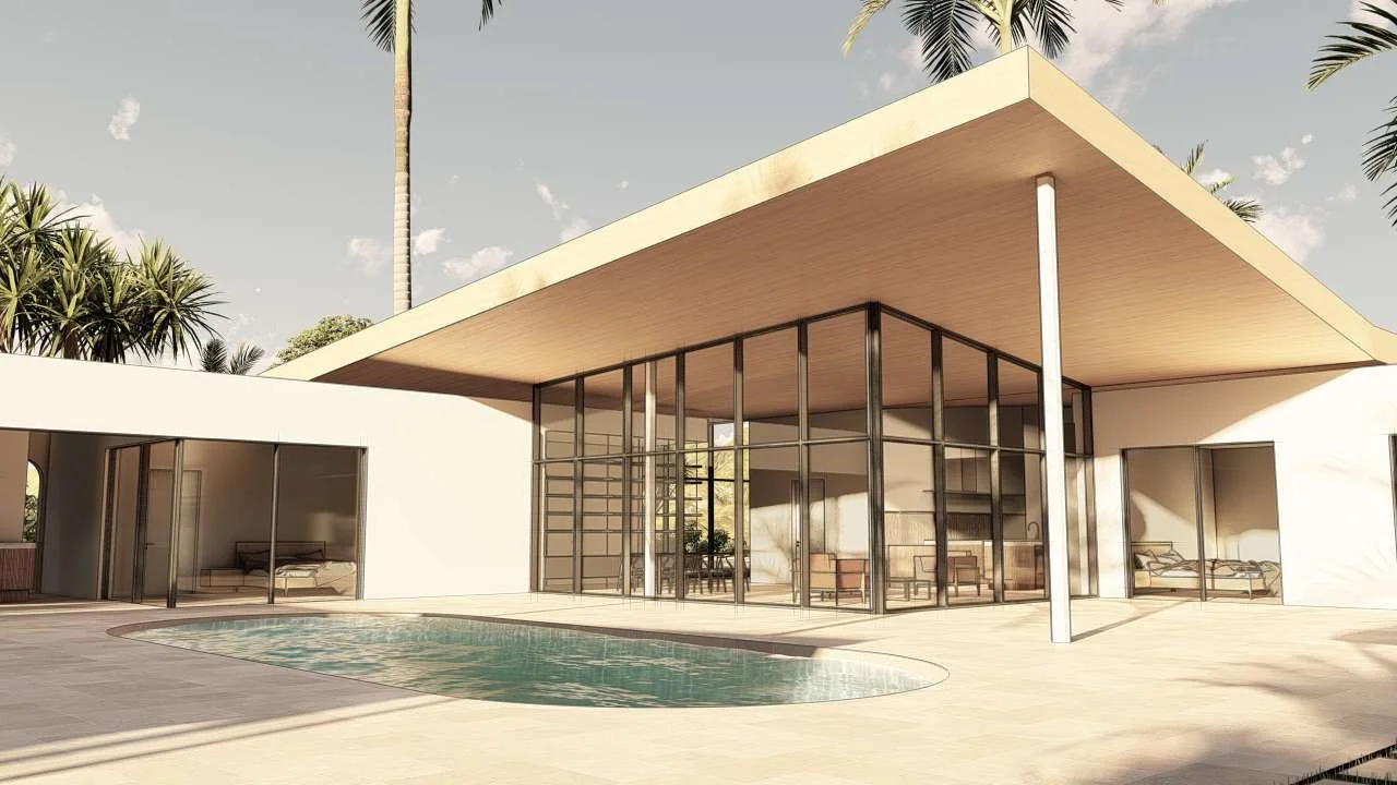 Modern modular, hurricane resistant steel frame Bauhu house with large glass windows, a swimming pool in the front, and surrounded by palm trees.