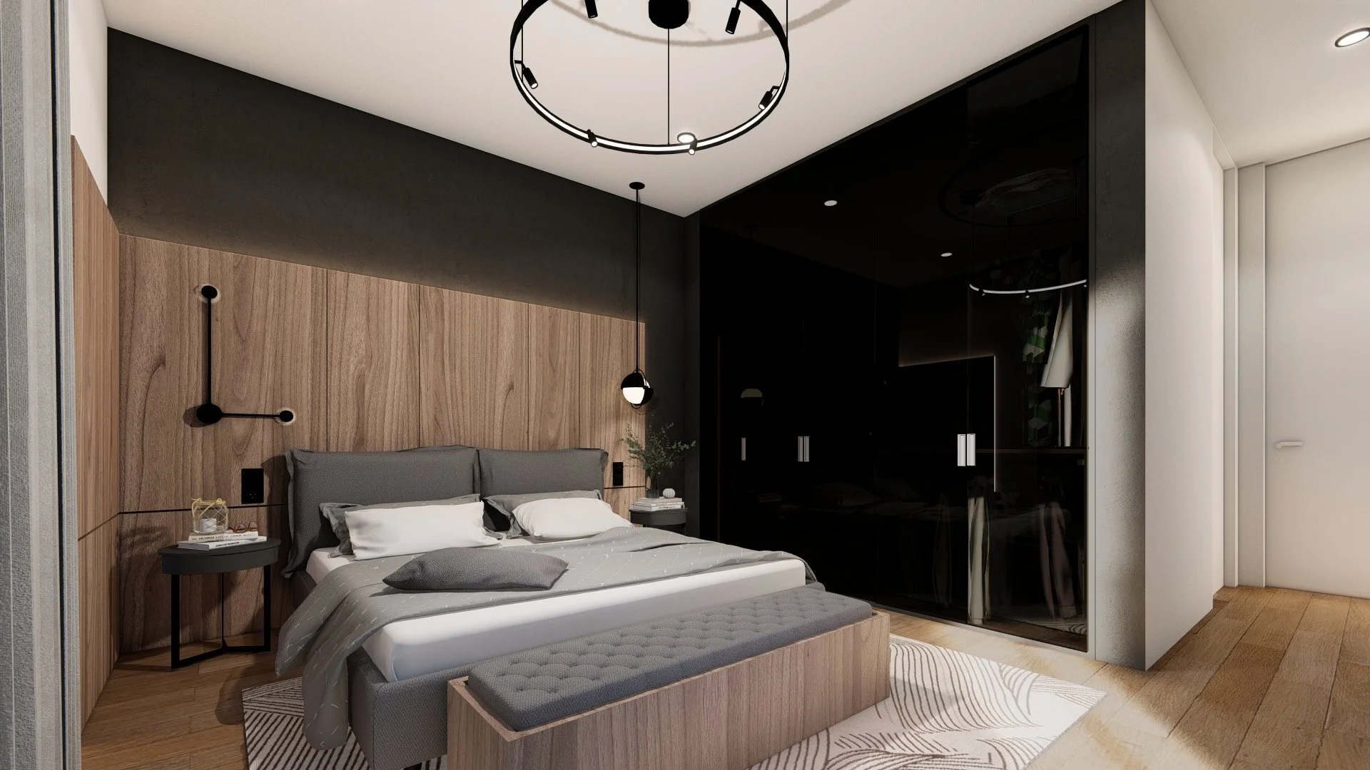 High-end master bedroom suite with sleek design and luxurious amenities in a Bauhu modular residence