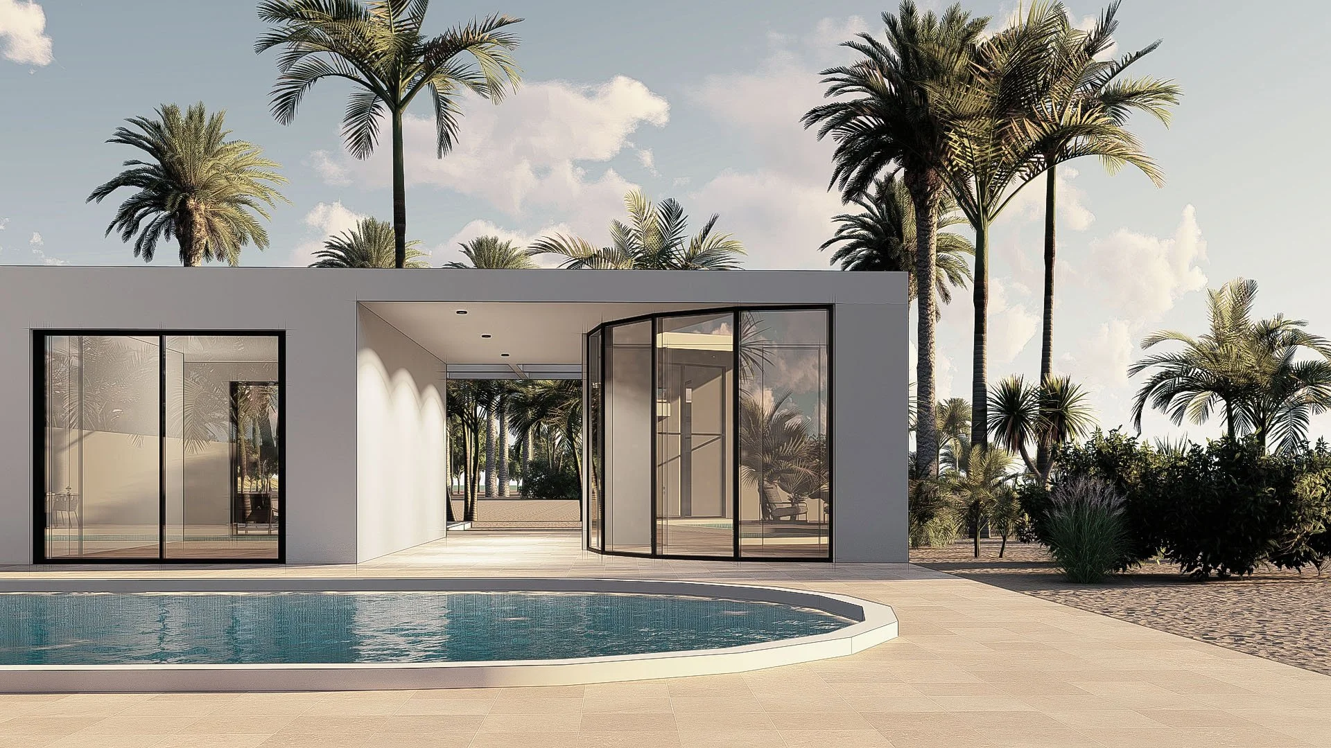 Modern modular, hurricane resistant steel frame Bauhu white house with large glass sliding doors and a pool, surrounded by tall palm trees and lush tropical plants in a sunny setting.