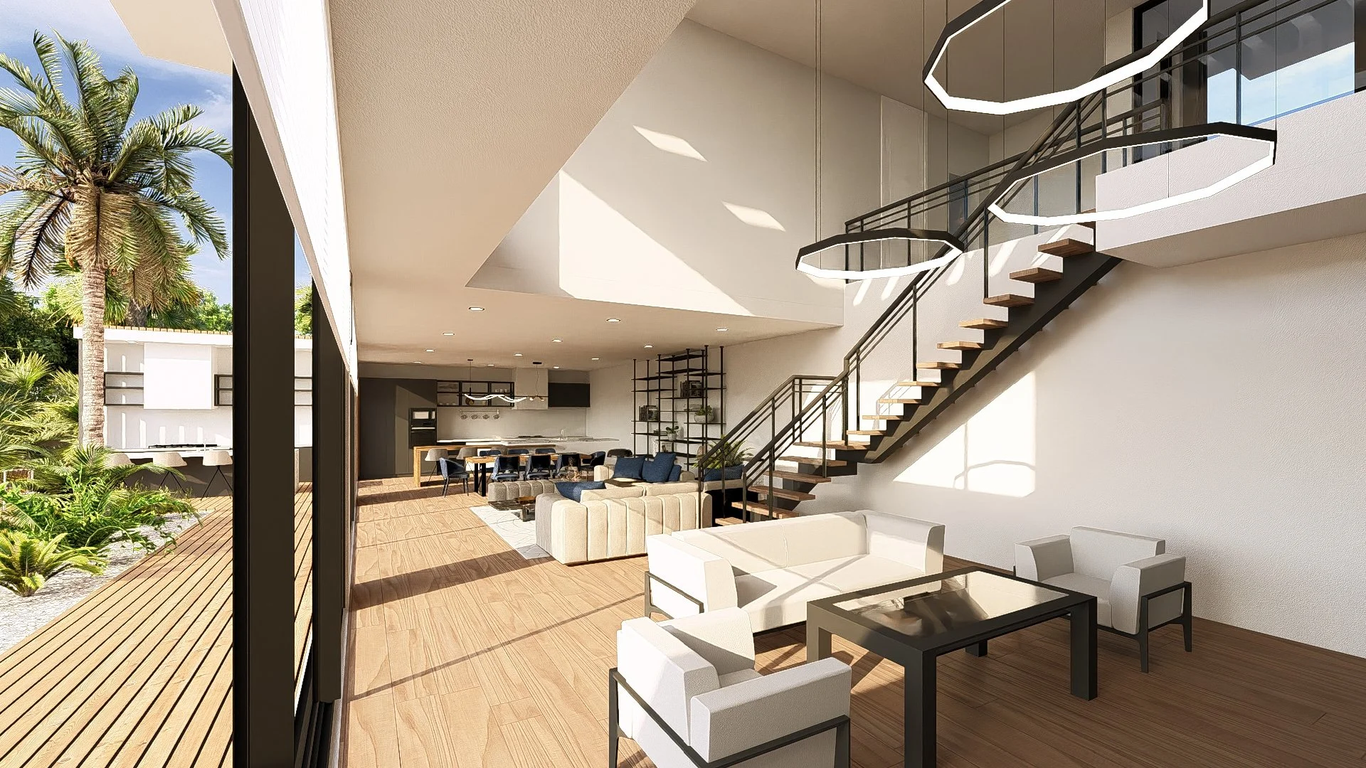 Modern modular, hurricane resistant steel frame Bauhu open-concept living space with high ceilings, beige sofas, armchairs, a black coffee table, a dining area, and large sliding glass doors leading to a outdoor deck with greenery and palm trees.