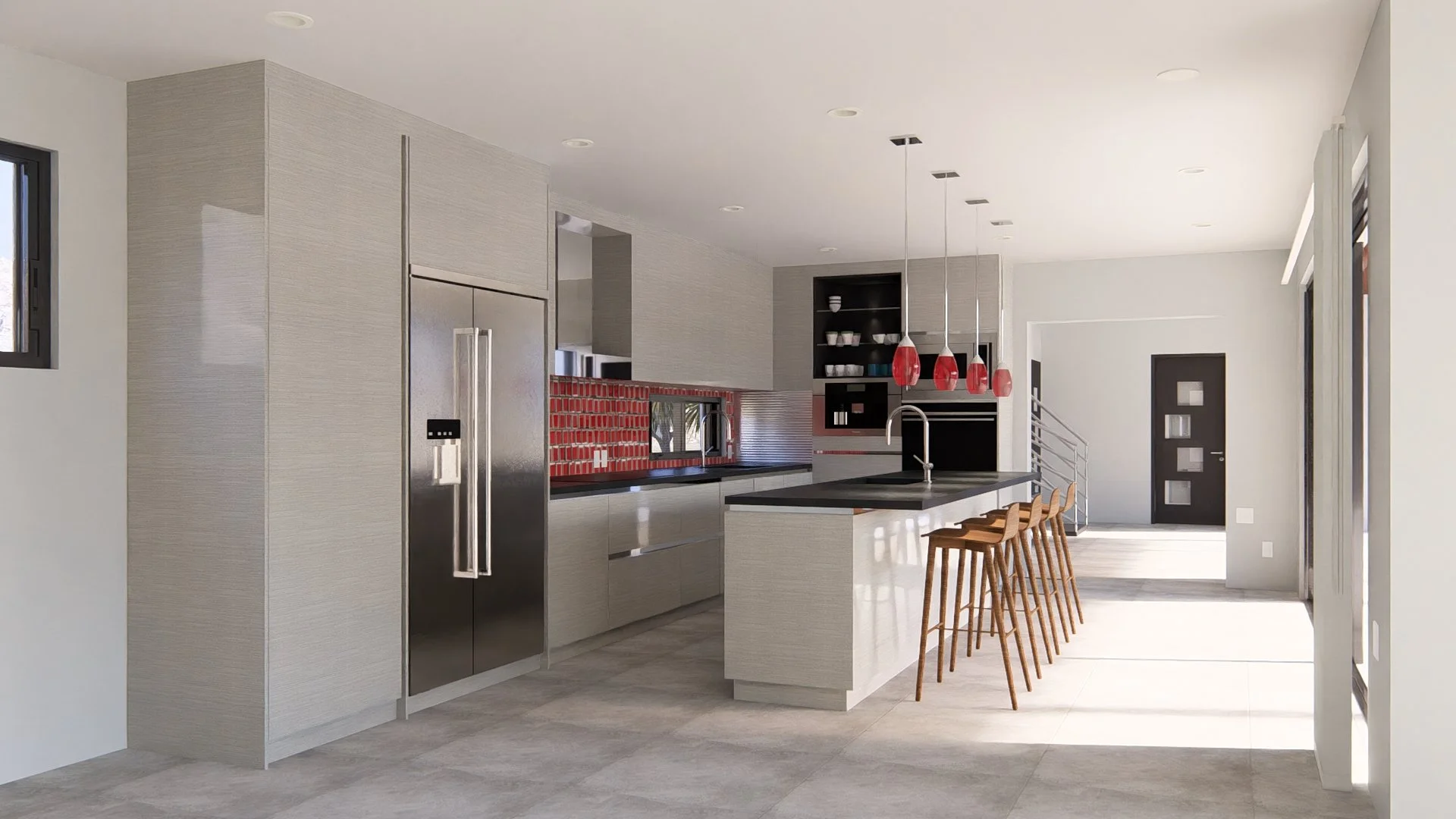 Modern modular, hurricane resistant steel frame Bauhu kitchen with gray cabinets, black countertops, a central island with four wooden bar stools, red pendant lights, and a red backsplash.