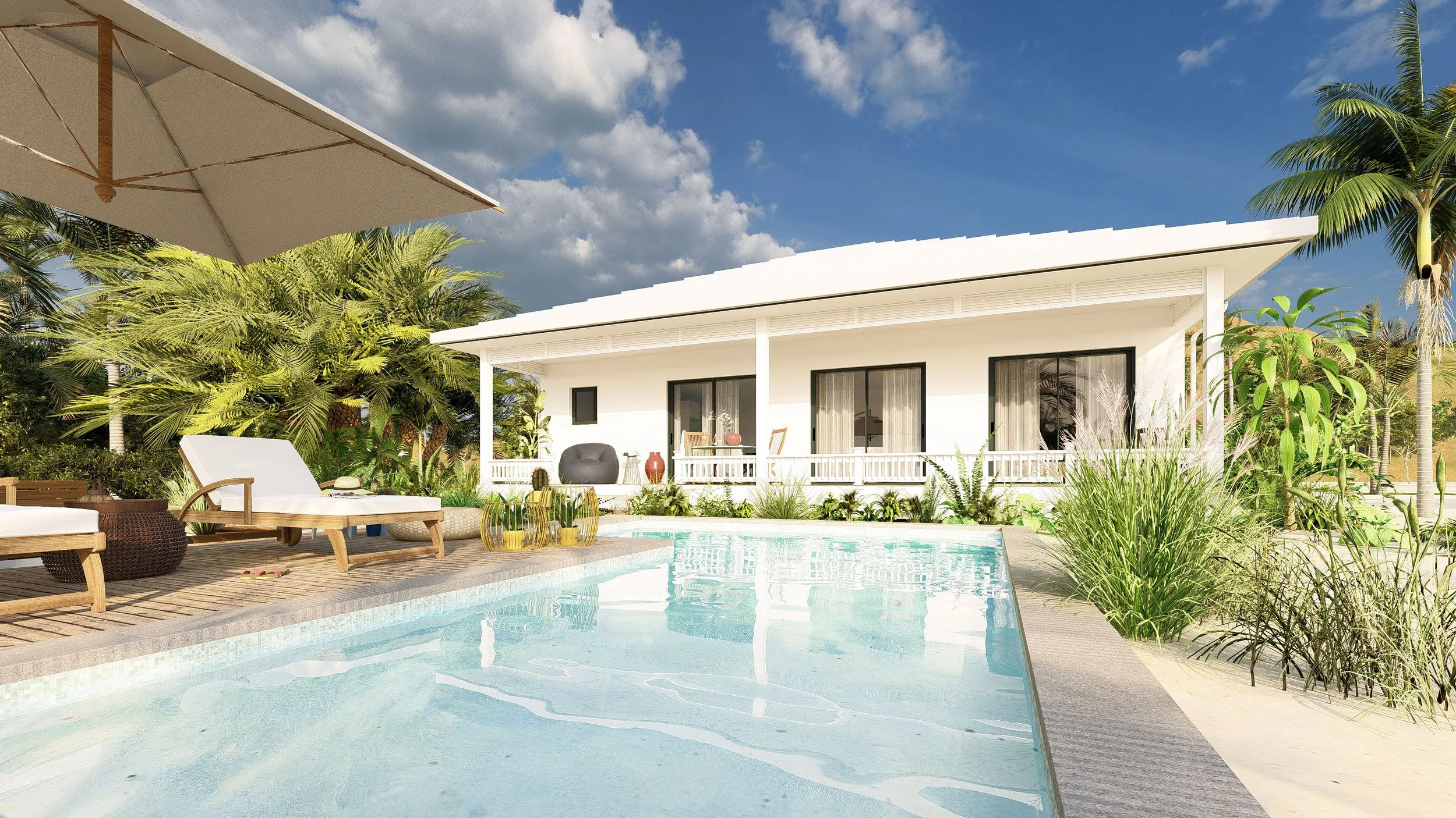 A modern modular, hurricane resistant steel frame Bauhu white house with large glass sliding doors overlooking a swimming pool, surrounded by lush tropical plants and tall palm trees, under a partly cloudy blue sky.