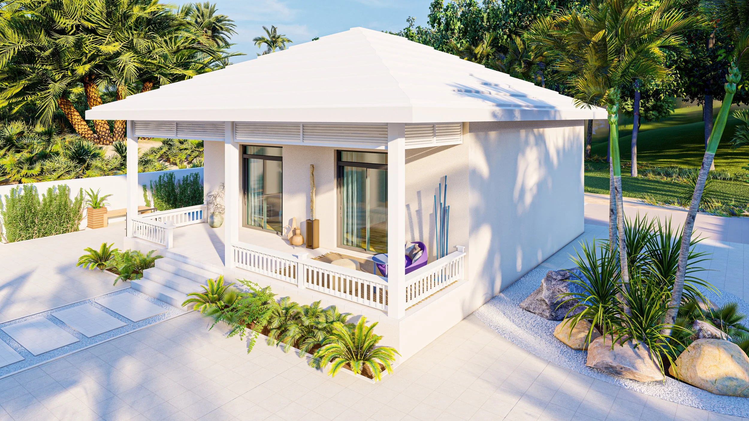 Bauhu hurricane resistant modular home white house with a veranda, surrounded by tropical plants and trees, with a tiled patio and a pathway leading to the steps.