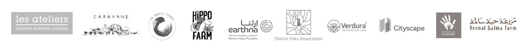 Logos of various organizations including Les Ateliers, Caravane, The Mindful Tourist, Hippo Farm, Earthna, Shinrin Yoku Association, Verdura, Cityscape, La ferme de KULUN BARI, Heenat Salma Farm.