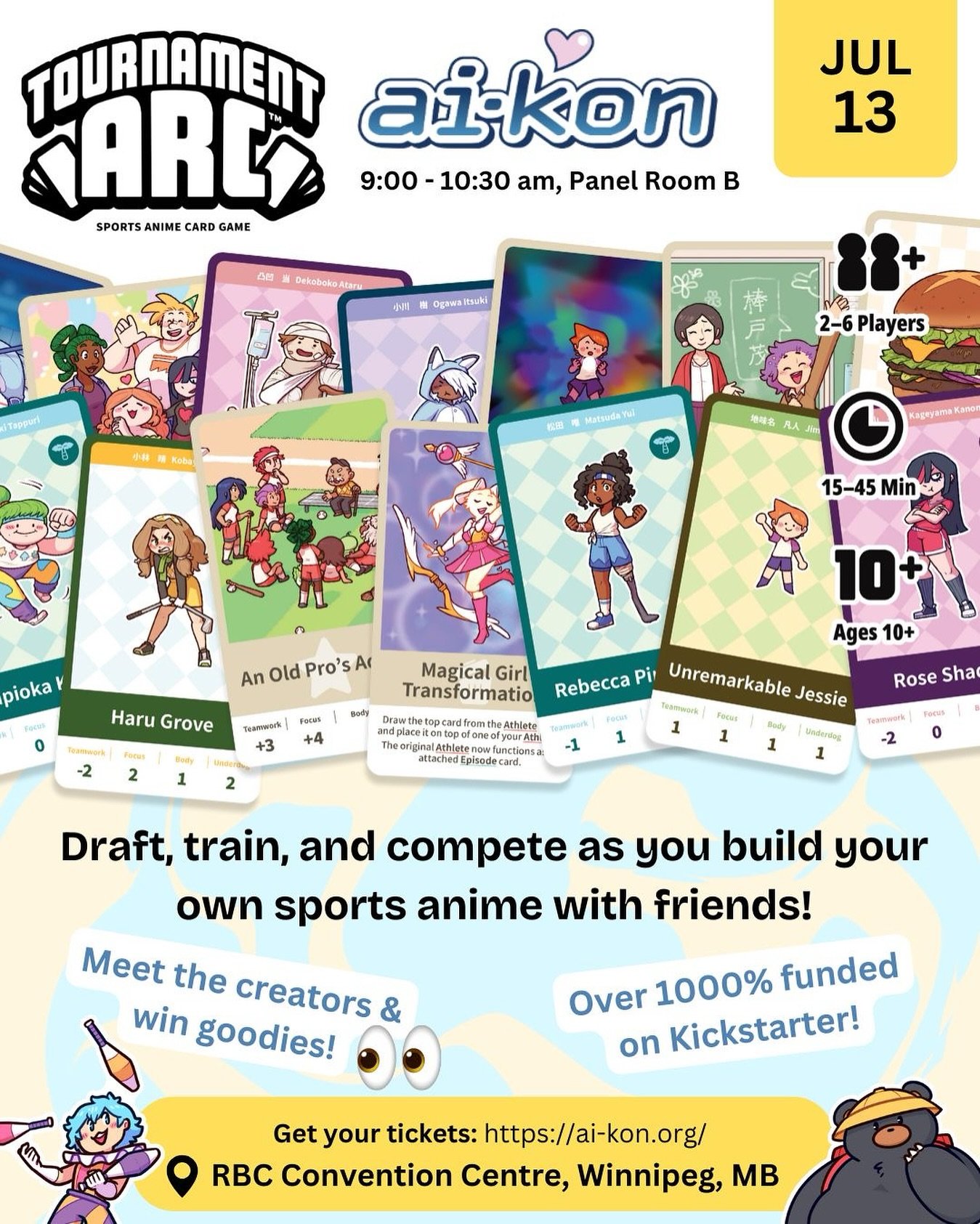 Tournament Arc is coming to @aikonwinnipeg ! 💕 

Join us Sunday morning to play this delightfully chaotic card game where you build your own sports anime with friends! 🏆 

Meet the creators and win some goodies while you&rsquo;re at it 👀 

#aikonw