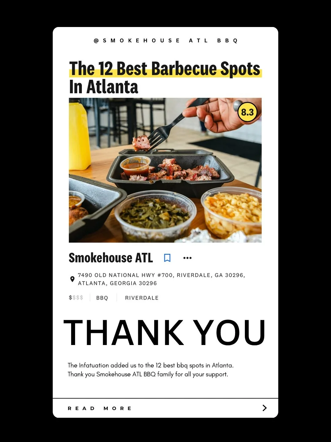 We can&rsquo;t say thank you enough to our amazing Smokehouse ATL family who show up, spread the word, and keep us fired up every single week. This is only the beginning&hellip; let&rsquo;s keep smoking the city out! 😮&zwj;💨🔥 #smokehouseatlbbq 

F