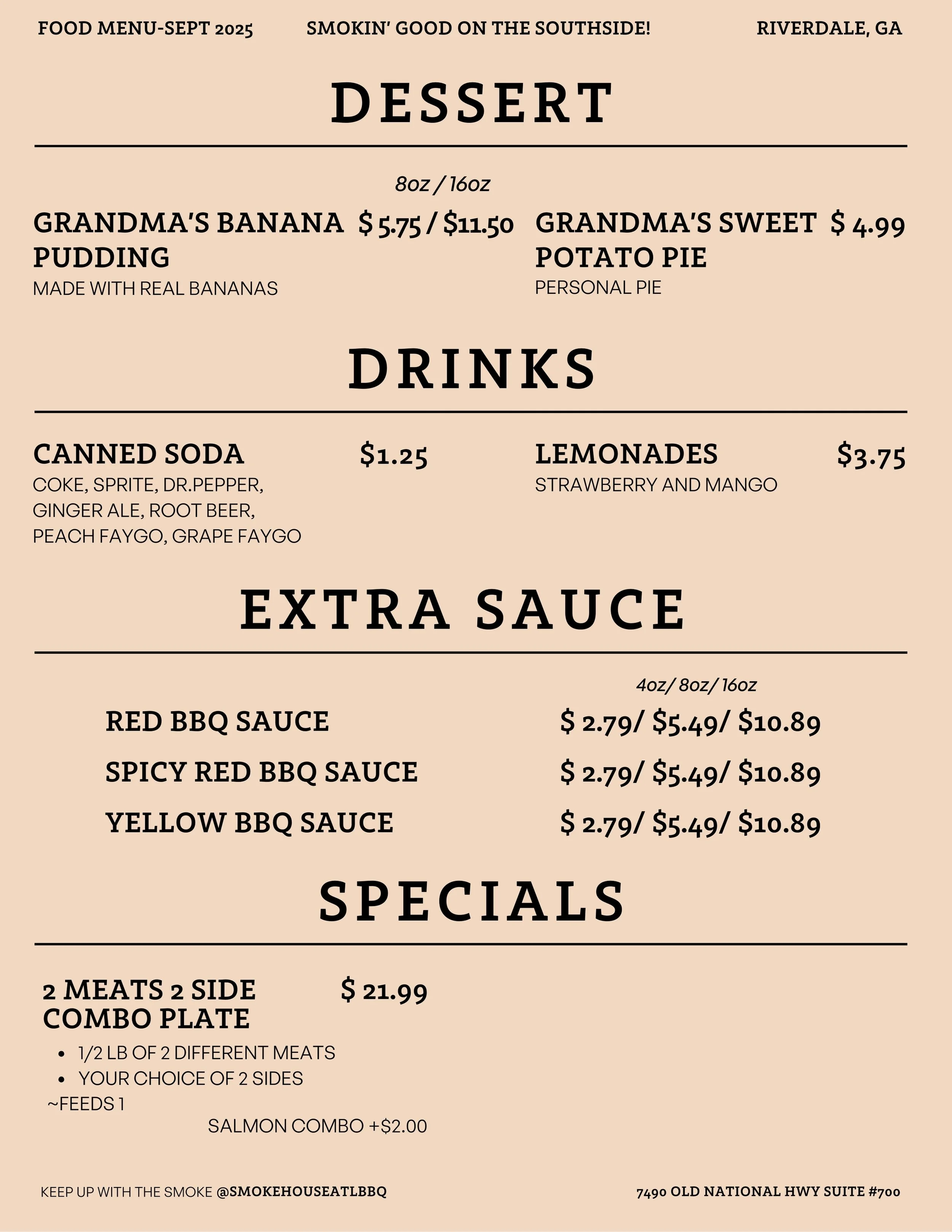 Smokehouse ATL BBQ Menu with dessert, drinks, sauce and specials