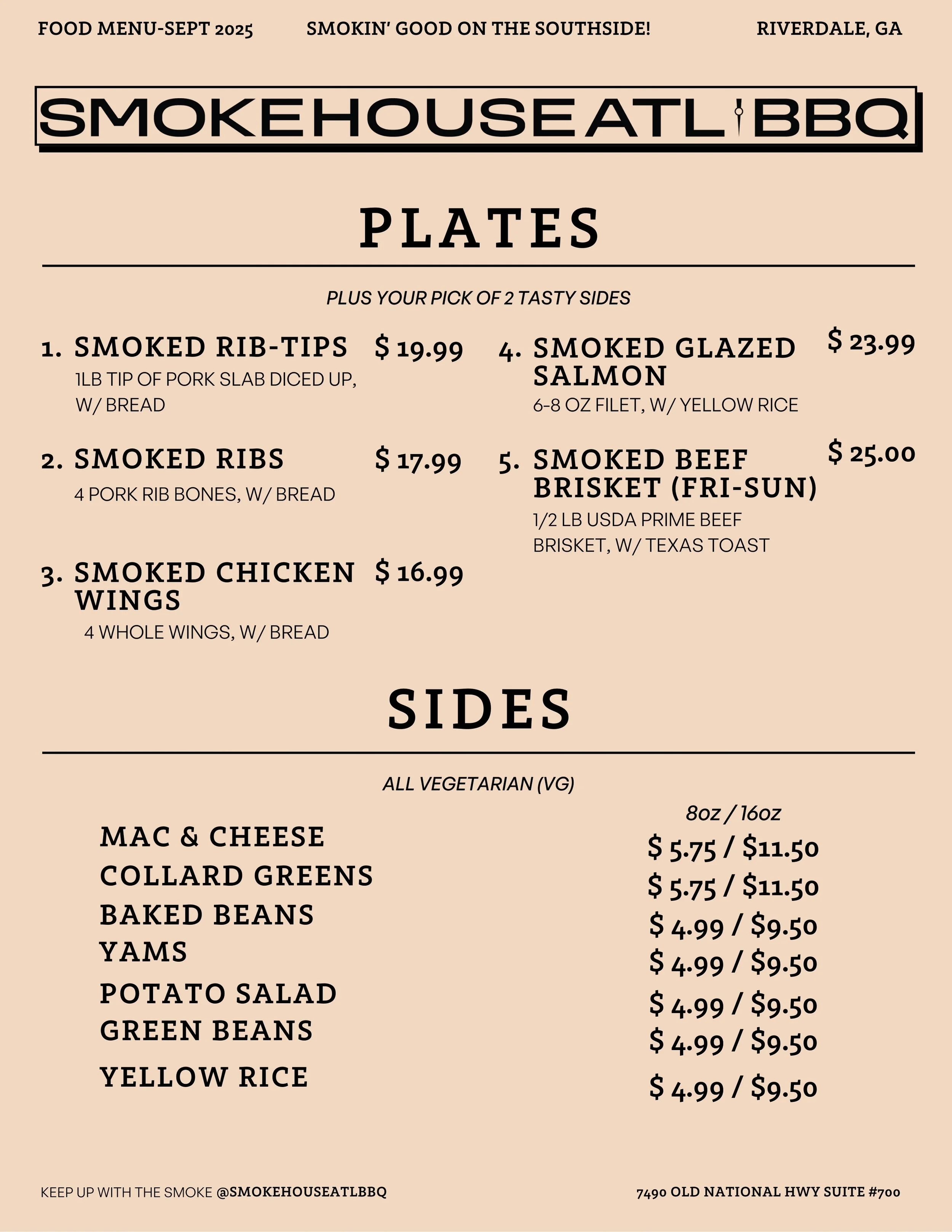 Smokehouse ATL BBQ Menu with plates and sides
