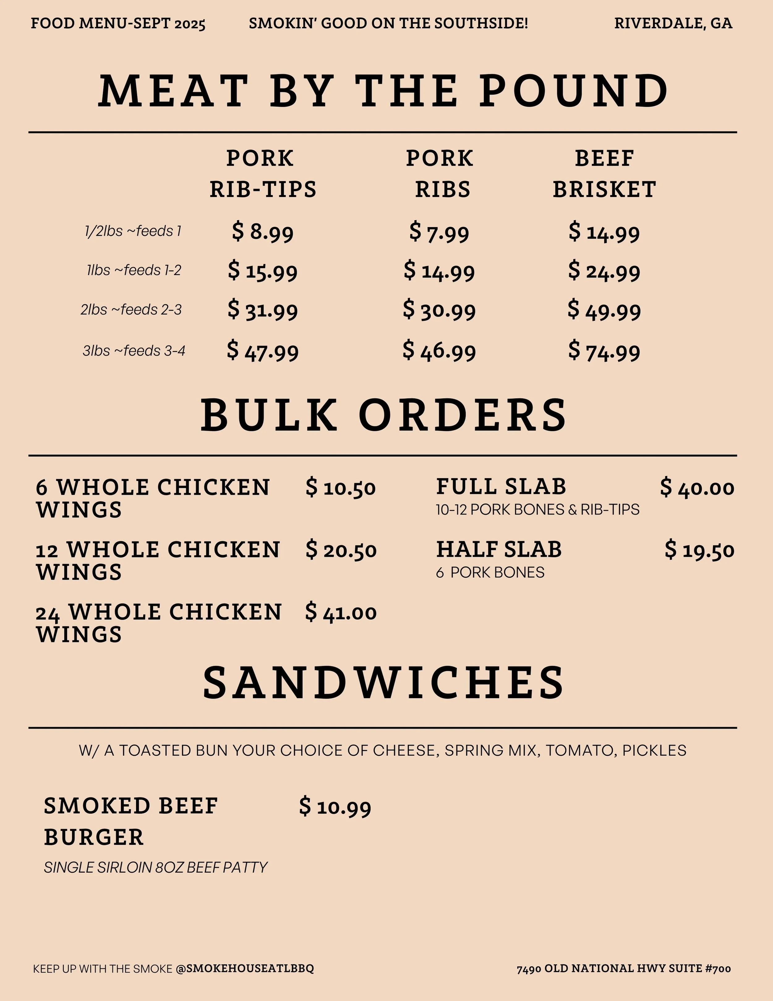 Smokehouse ATL BBQ Menu with meat by the pound, bulk orders, and sandwiches