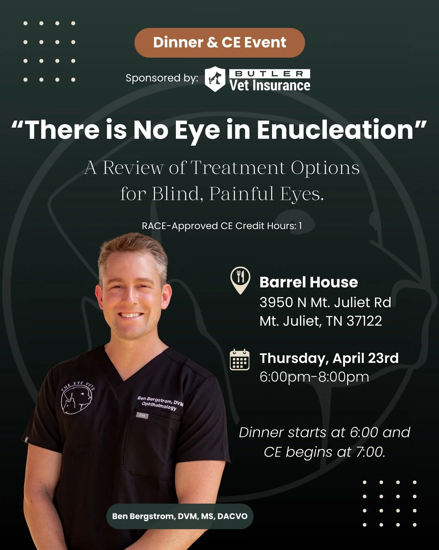 We are thrilled to announce our 1st RACE-approved CE opportunity of 2026 for our local veterinary professionals!

Please join us at Barrel House Restaurant on Thursday, April 23rd in Mt. Juliet to enjoy dinner and a review of treatment options for bl