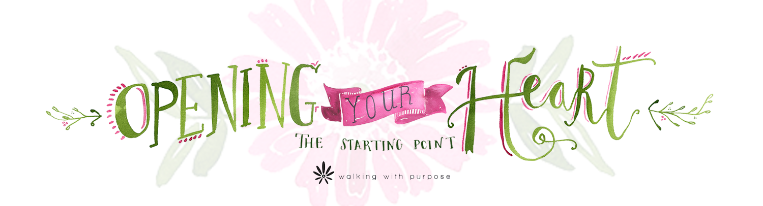 Decorative text that reads 'Opening your heart: the starting point' with floral embellishments and a pink splatter background.