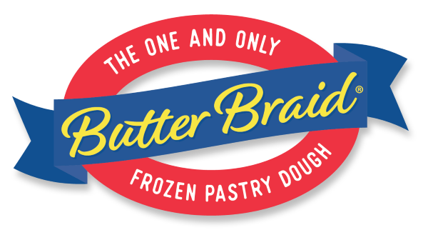 Butter Braid frozen pastry dough logo with red circular background and blue ribbon banner