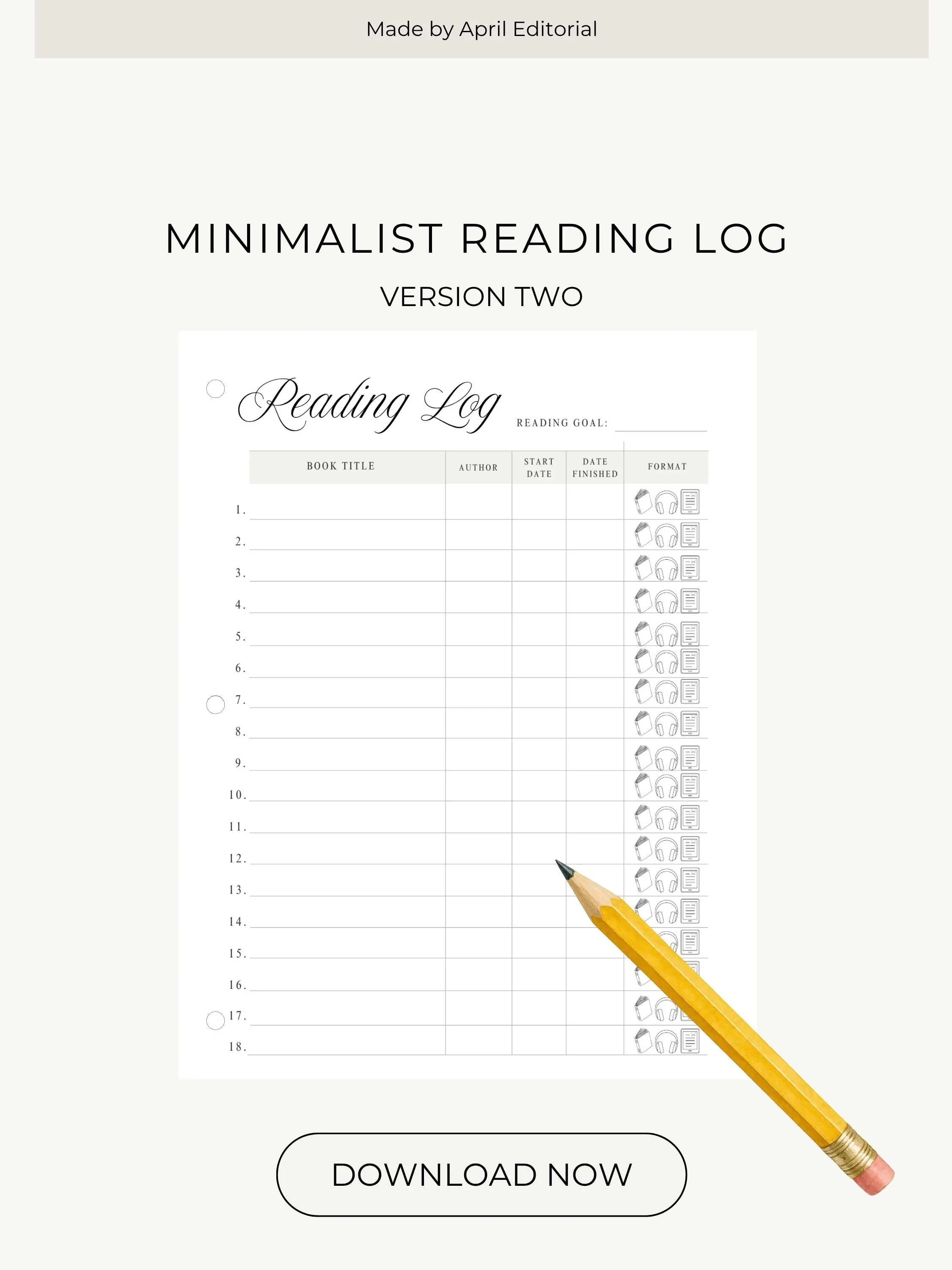 paper printout of a reading log with a pencil
