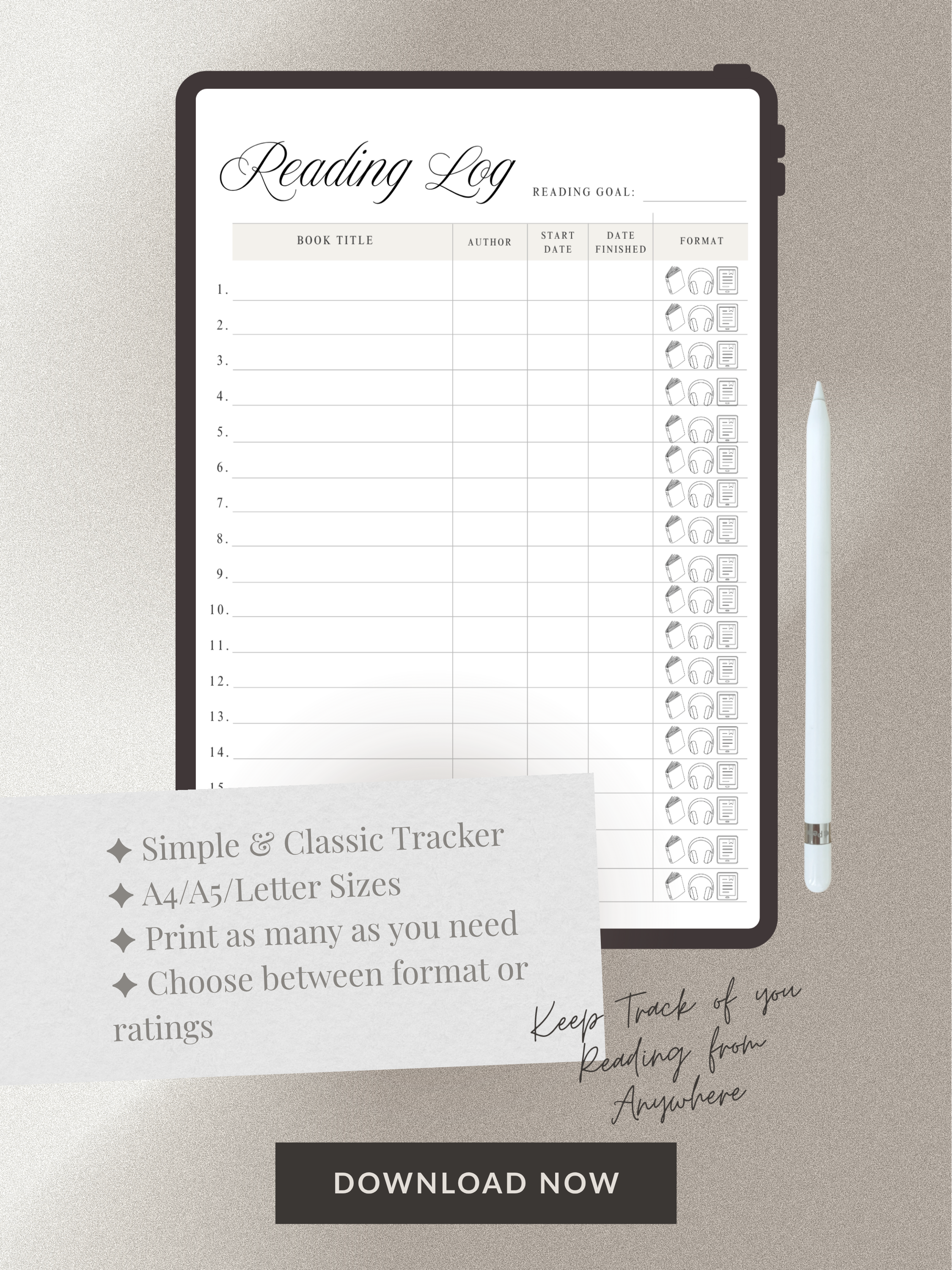 Ipad with a reading log printable